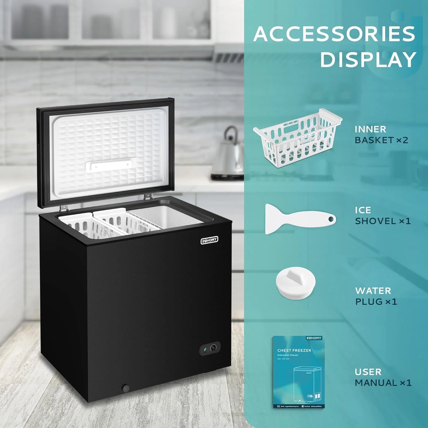 EUHOMY 3.5 Cu.Ft Chest Freezer with Removable Basket, Small Deep Freezer Adjustable 7 Thermostat, Quiet Mini Freezer Free-Standing Top Door, Energy Saving for Apartment/Garage/Basement/Dorm/Home,Black
