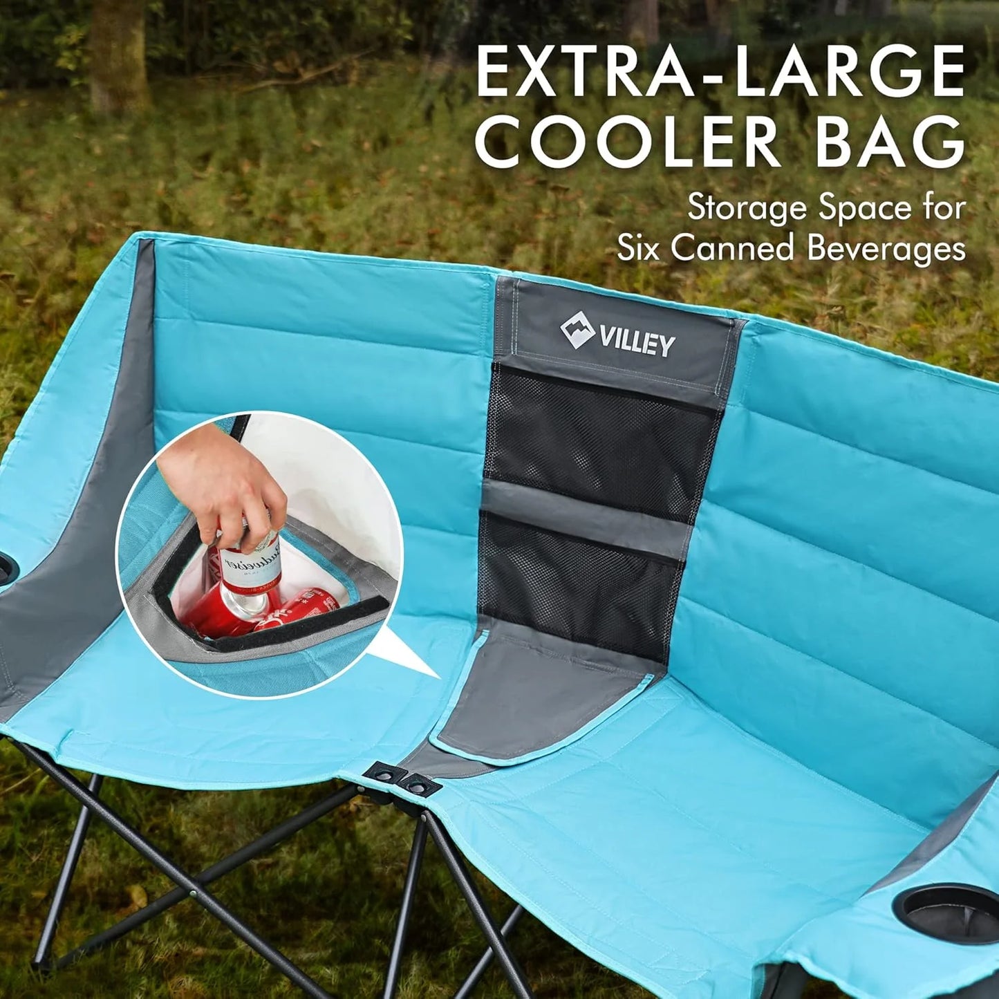 Double camping chair (with cooler bag), extra wide love seat, heavy duty padded camping sofa, portable folding chair