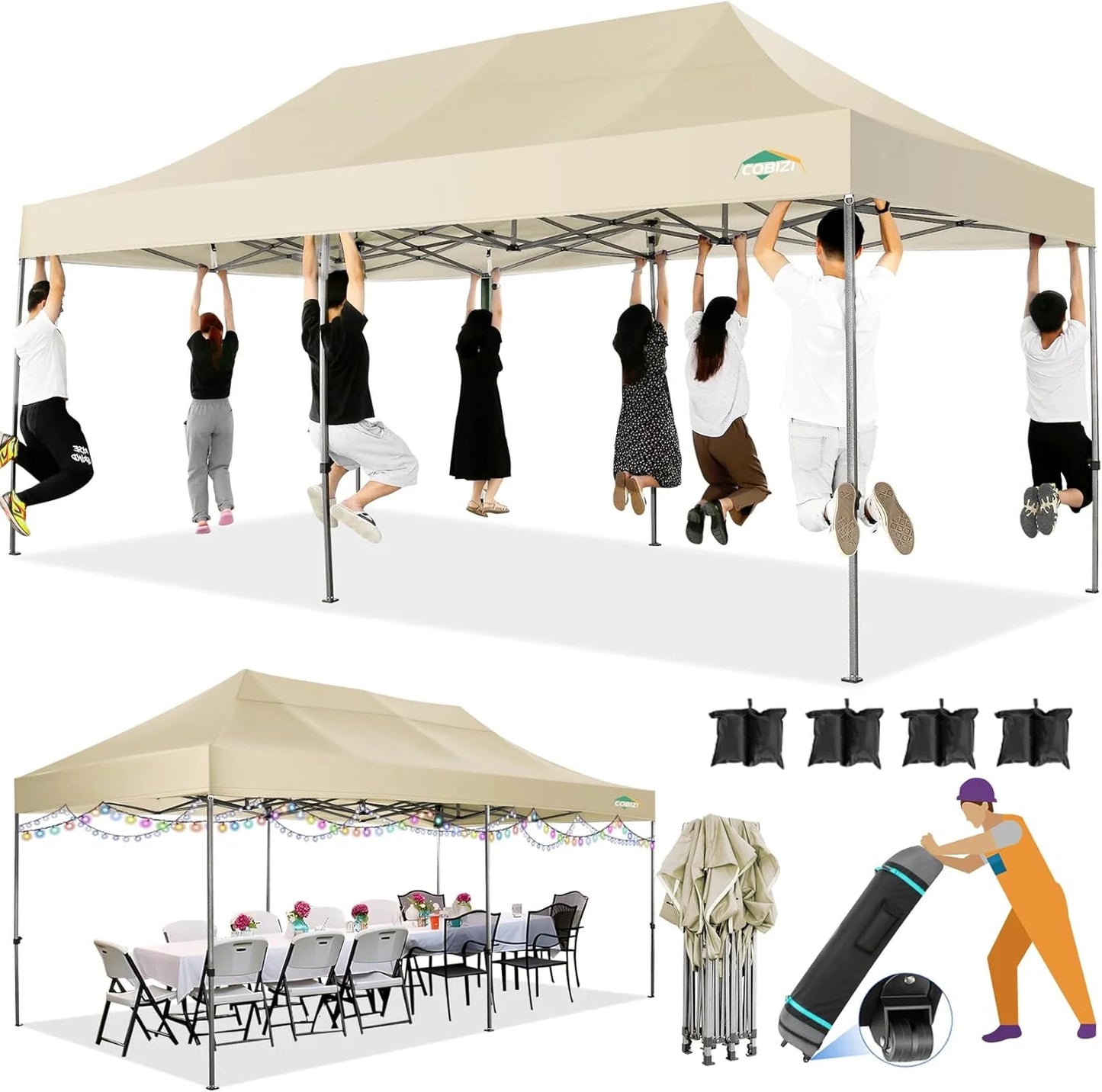 COBIZI 10x20 Heavy Duty Pop up Canopy Tent with 6 sidewalls Easy Up Commercial Outdoor Canopy Wedding Party Tents for Parties All Season Wind & Waterproof Gazebo with Roller Bag,Black(Frame Thickened)