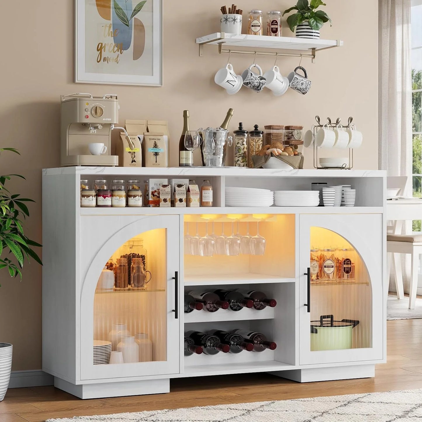 Sideboard, 54-inch kitchen cabinet with LED lights and arched glass doors, tall bar cabinet