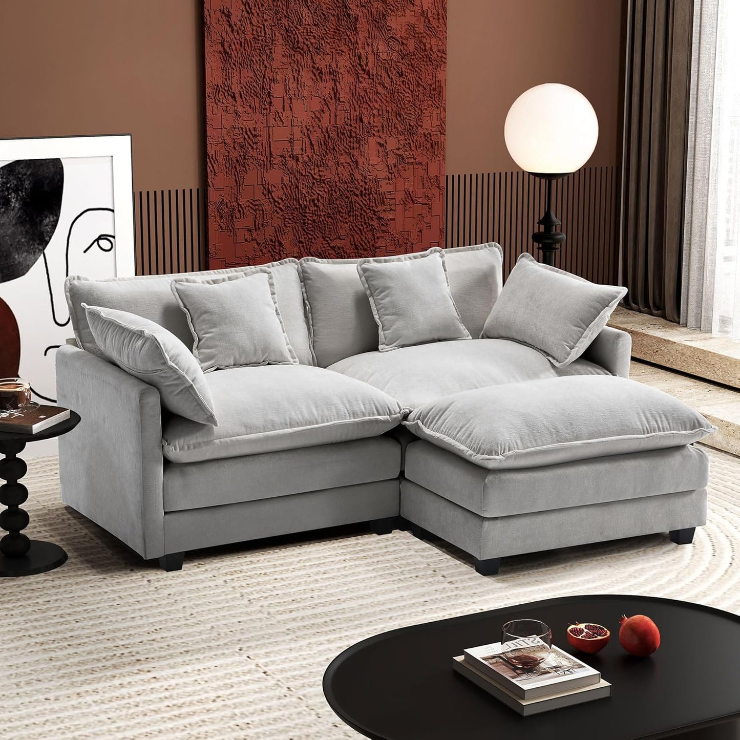 111.4 Inch L-Shaped Modern Sofa Modular Cloud Sofa with Ottoman, 4-Seater Chenille Deep Seat Sofa with Pillows for Living Room, Bedroom and Apartment, Beige