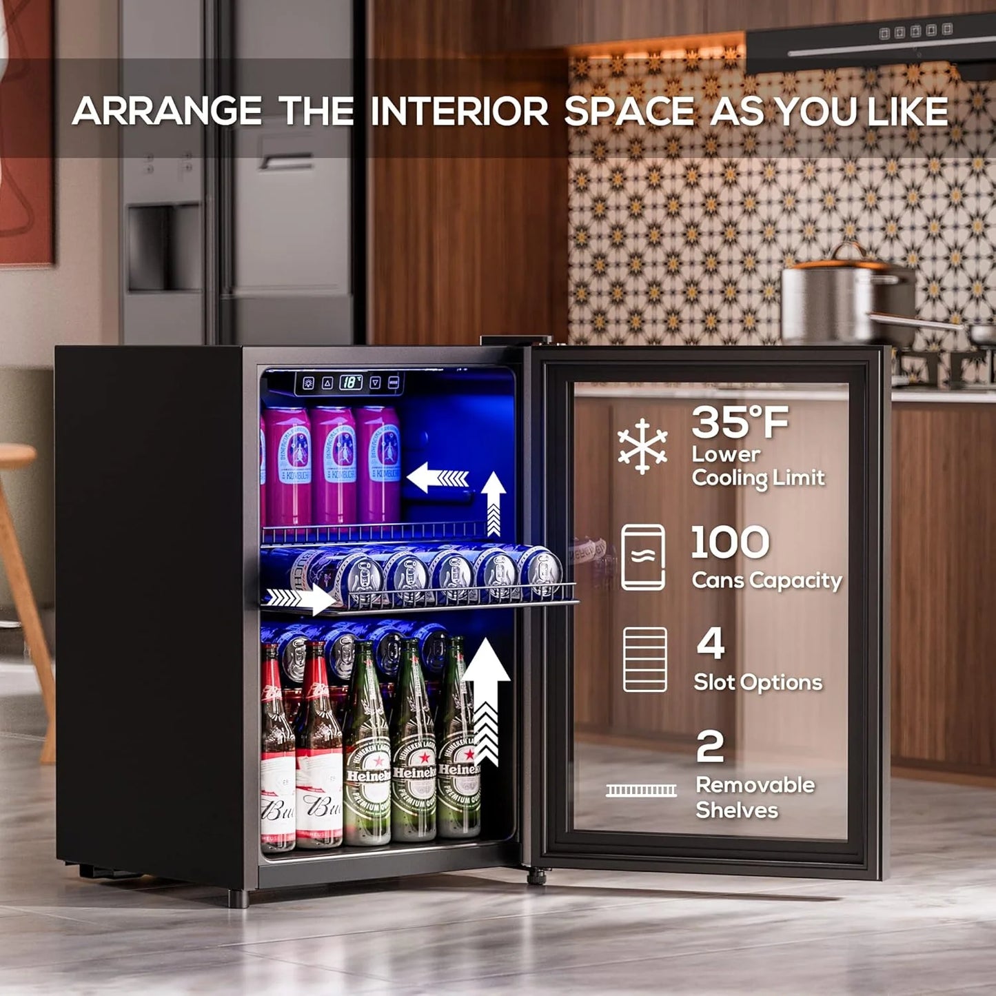 Beverage Refrigerator Cooler-120 Cans Freestanding Mini Fridge Cooler with Glass Door, Adjustable Shelves & Digital Temperature Display for Soda, Wine or Beer (Black, 3.2 Cu.Ft)