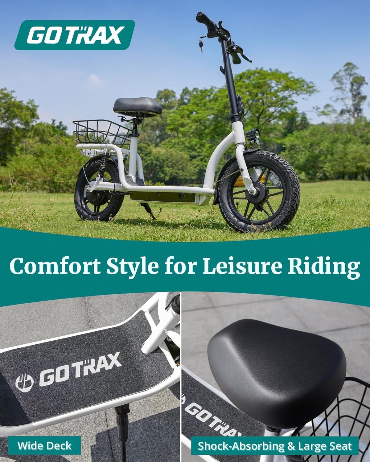 Gotrax adult electric scooter with seat, maximum range of 19-25 miles, all-terrain tires, wide pedals, padded seat, and carrycot