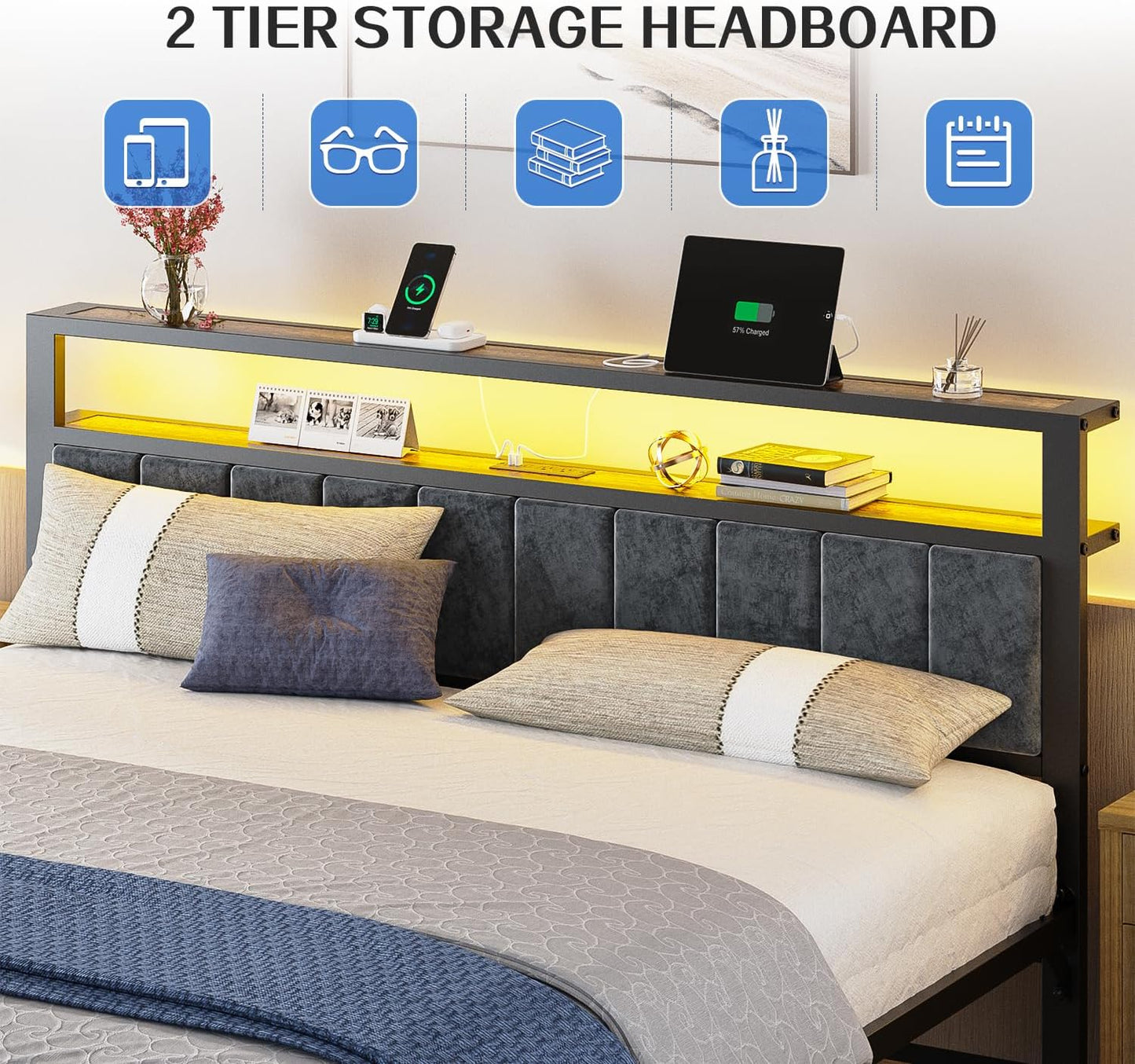 Queen Size Bed Frame with 2-Tier Storage Shelves Headboard, Platform Bed with Charging Station, LED Lights No Box Spring Needed Noise Free