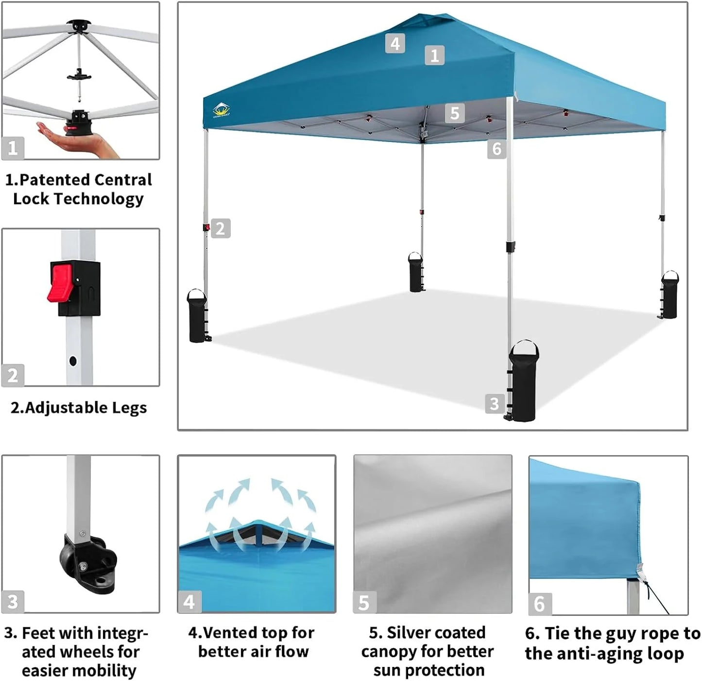 10x10 Pop-Up Awning - One-Click Installation Beach Tent - Outdoor Sunshade Silver Coated Top, 3 Heights and 4 Sand Pockets