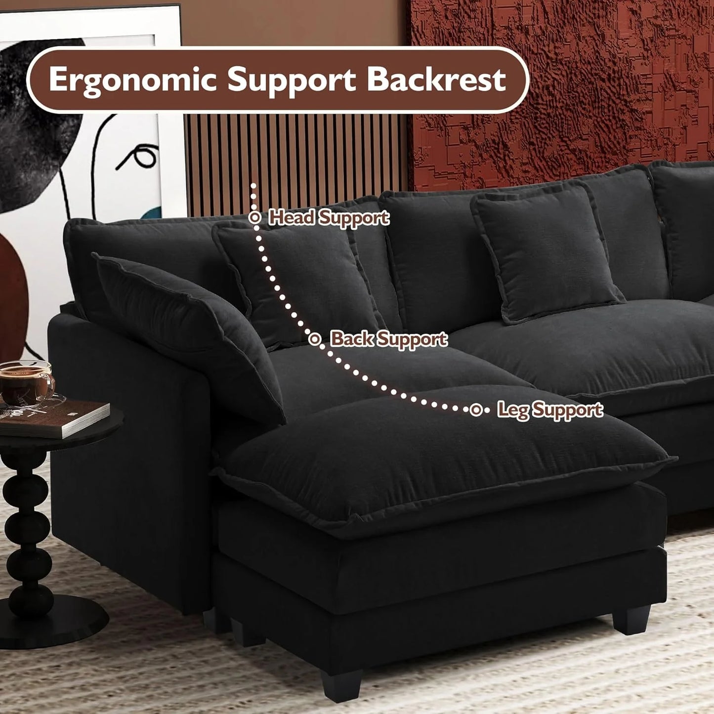 111.4 Inch L-Shaped Modern Sofa Modular Cloud Sofa with Ottoman, 4-Seater Chenille Deep Seat Sofa with Pillows for Living Room, Bedroom and Apartment, Beige