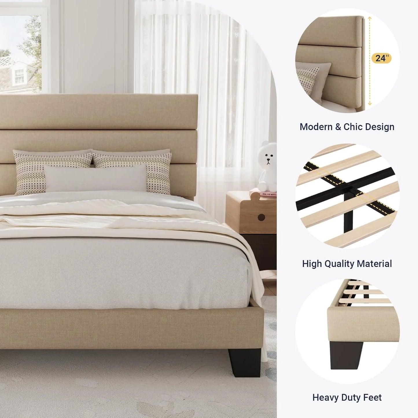 Allewie Queen Size Platform Bed Frame with Fabric Upholstered Headboard and Wooden Slats Support, Fully Upholstered Mattress Foundation/No Box Spring Needed