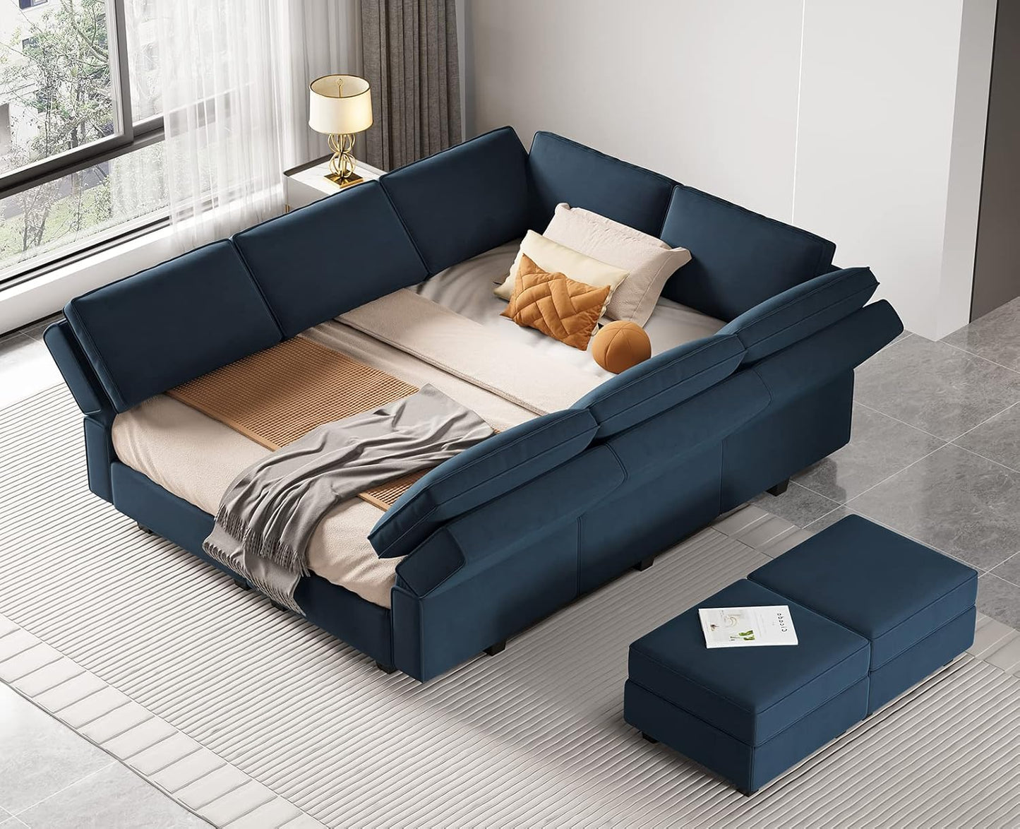 Belffin Modular Sectional Sofa with Ottomans Velvet Reversible Sleeper Chaise Bed Storage Seat Black