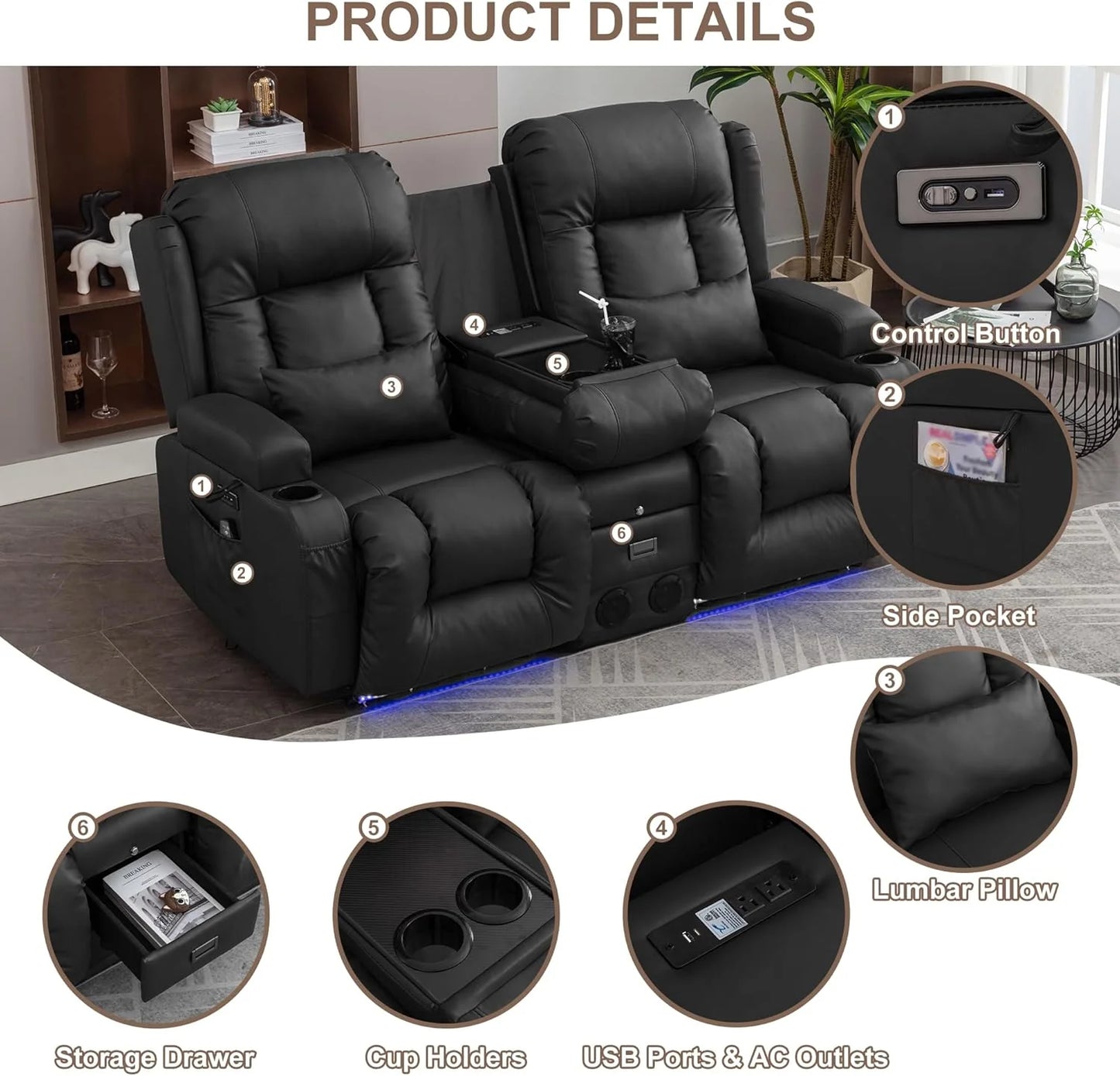 TUNYI Power Loveseat Recliner Sofa with Massage & Heat Home Theater Seating with Console Electric Recliner RV Sofa with USB/Outlet/Storage/Side Pocket/LED Light/Speaker (Brown, Loveseat)