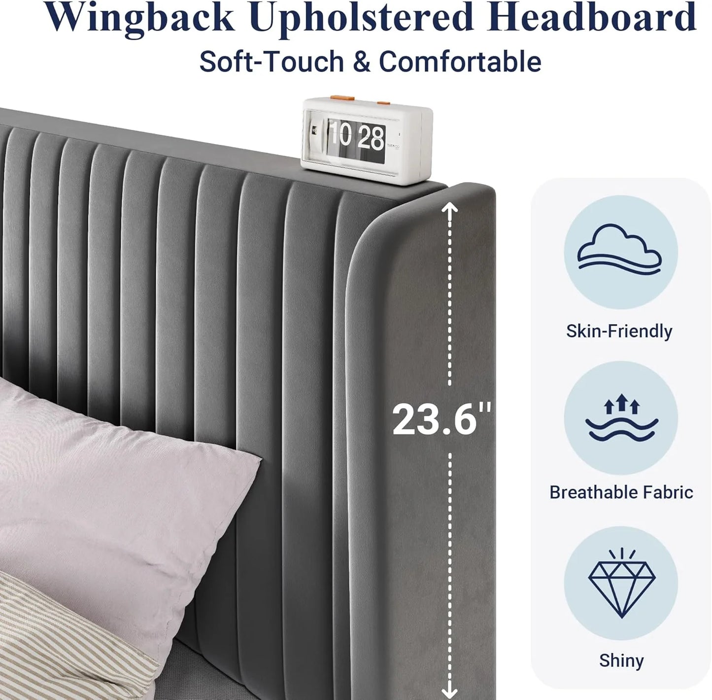 Allewie Full Size Velvet Bed Frame/Vertical Channel Tufted Wingback Headboard/Upholstered Platform Bed/Strong Wooden Slats/No Box Spring Needed/Easy Assembly/White