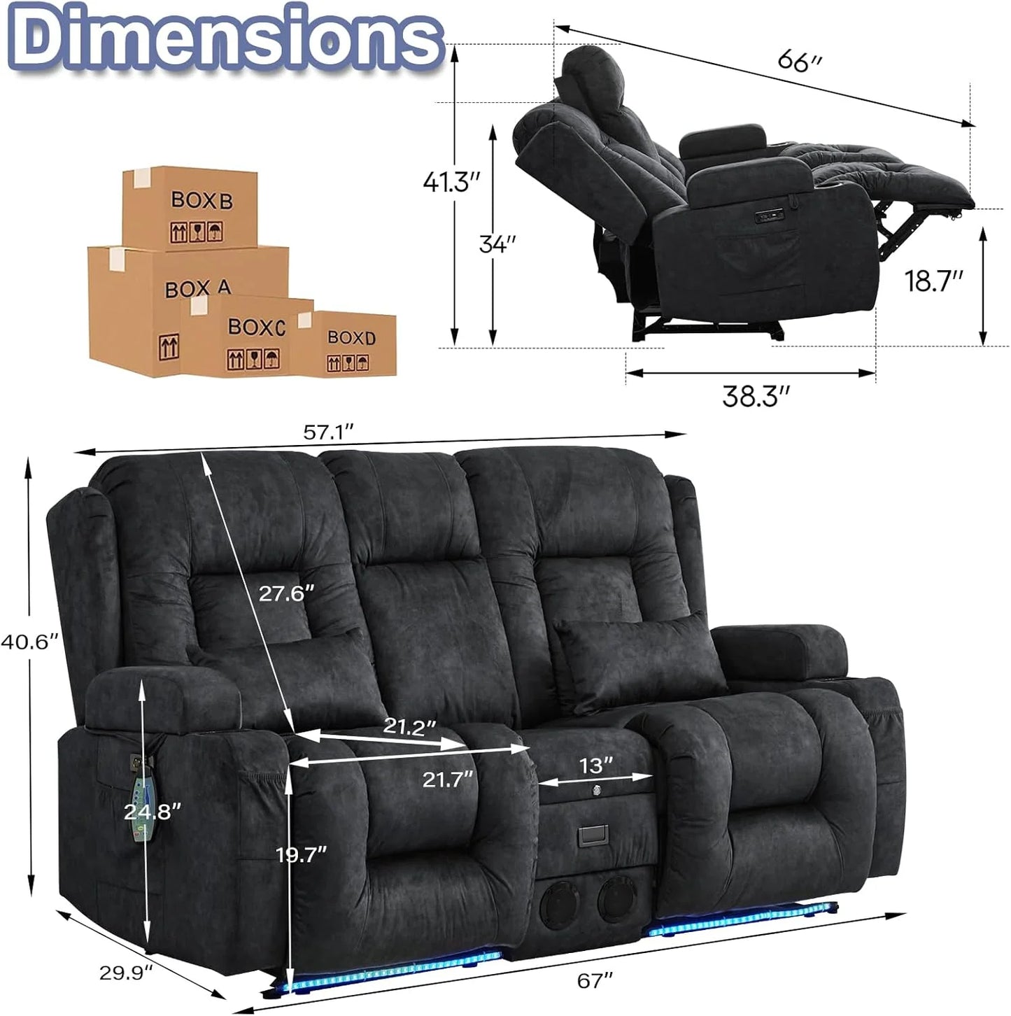 TUNYI Power Loveseat Recliner Sofa with Massage & Heat Home Theater Seating with Console Electric Recliner RV Sofa with USB/Outlet/Storage/Side Pocket/LED Light/Speaker (Brown, Loveseat)
