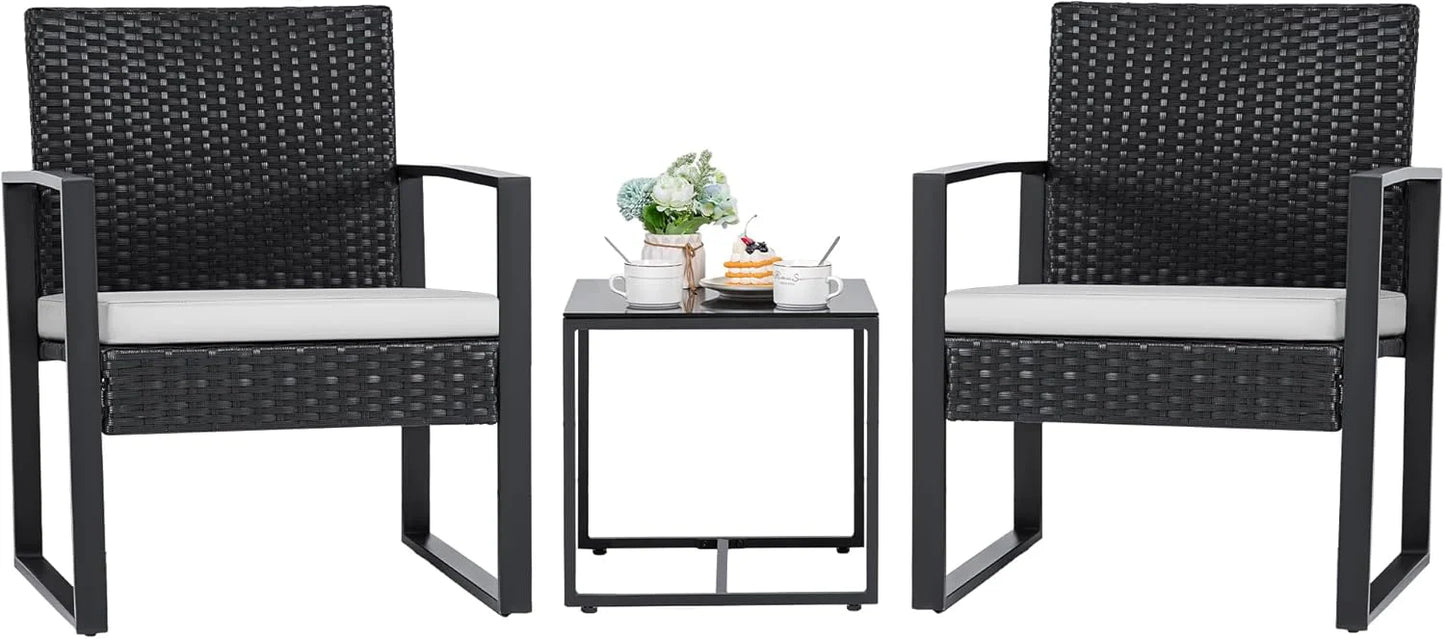 Flamaker 3 Pieces Patio Set Outdoor Wicker Furniture Sets Modern Rattan Chair Conversation Sets with Coffee Table for Yard and Bistro (Black)