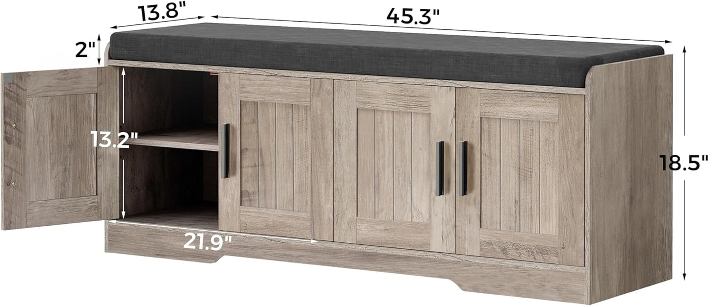 2-Tier Storage Bench, Shoe Bench with Thickened Padded Seat Cushion, Entryway Bench with 4 Doors, Adjustable Shelf