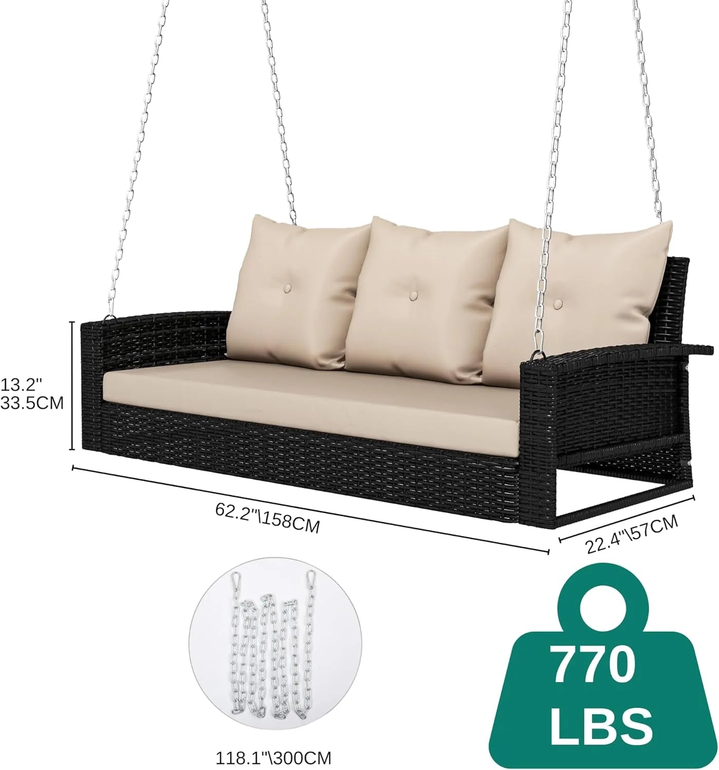 YITAHOME Hanging Porch Swing Chair Sits 3 People, Wicker Outdoor Swing Bench, Patio Lounge Chair, 1 Seating Cushion and 3 Back Cushions, w/Removable Covers, for Garden, Balcony, Backyard, Brown