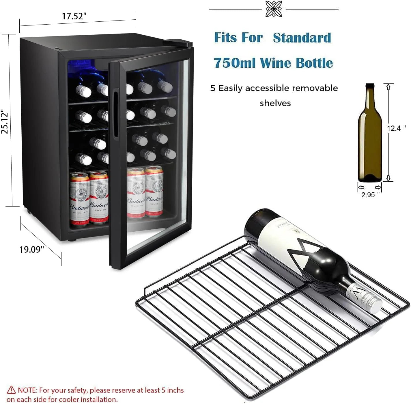 Antarctic Star 26 Bottle 130 Can Wine Cooler/Cabinet Beverage Refrigerator Mini Wine Cellar Beer Soda Clear Glass Door Bar Fridge Quiet Compressor Adjust Temp Freestanding Indoor Use 3.2cu.ft Black