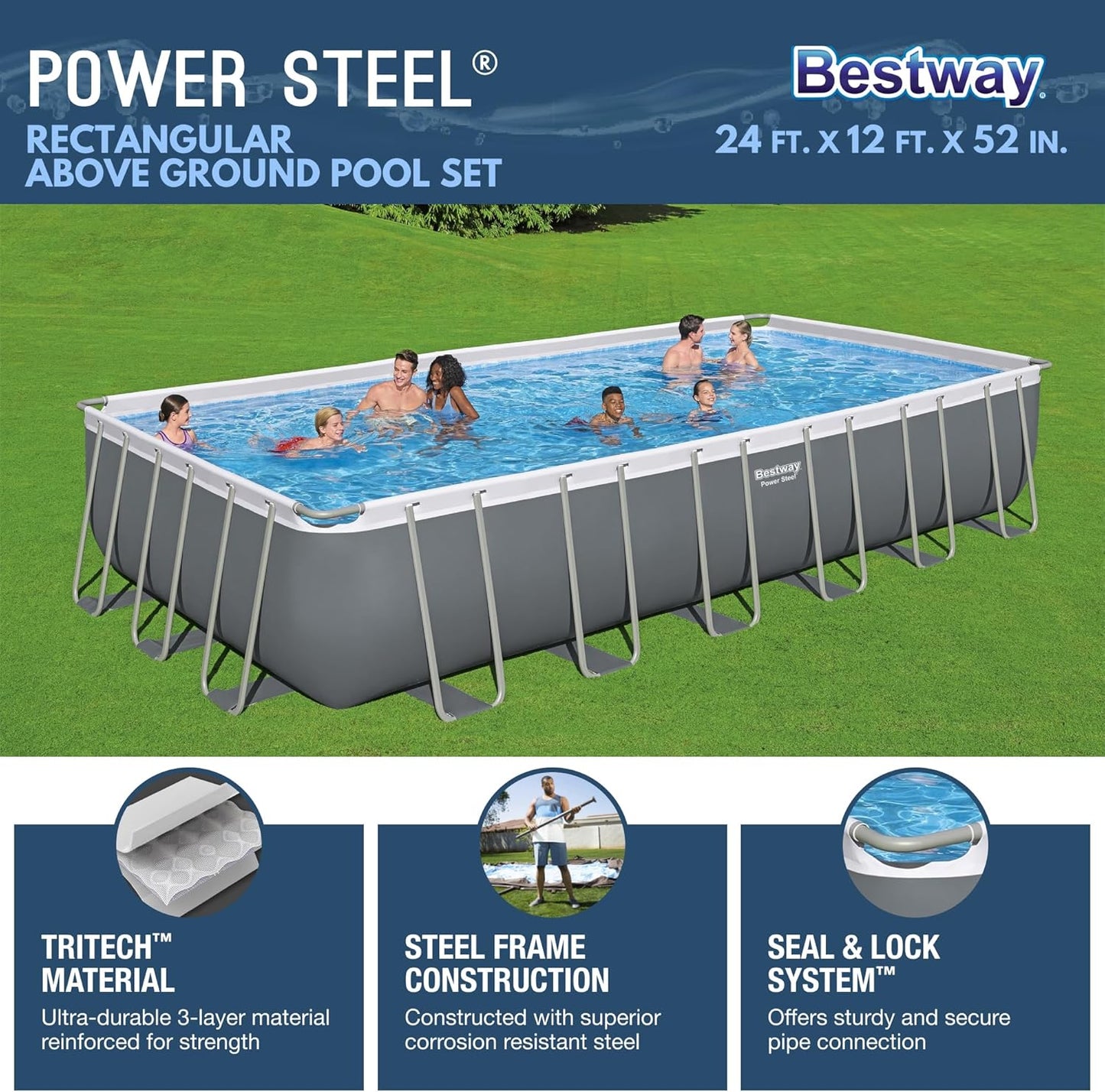 Power Steel 14' x 8'2" x 39.5" Oval Above Ground Pool Set | Includes 530gal Filter Pump, Ladder, ChemConnect Dispener