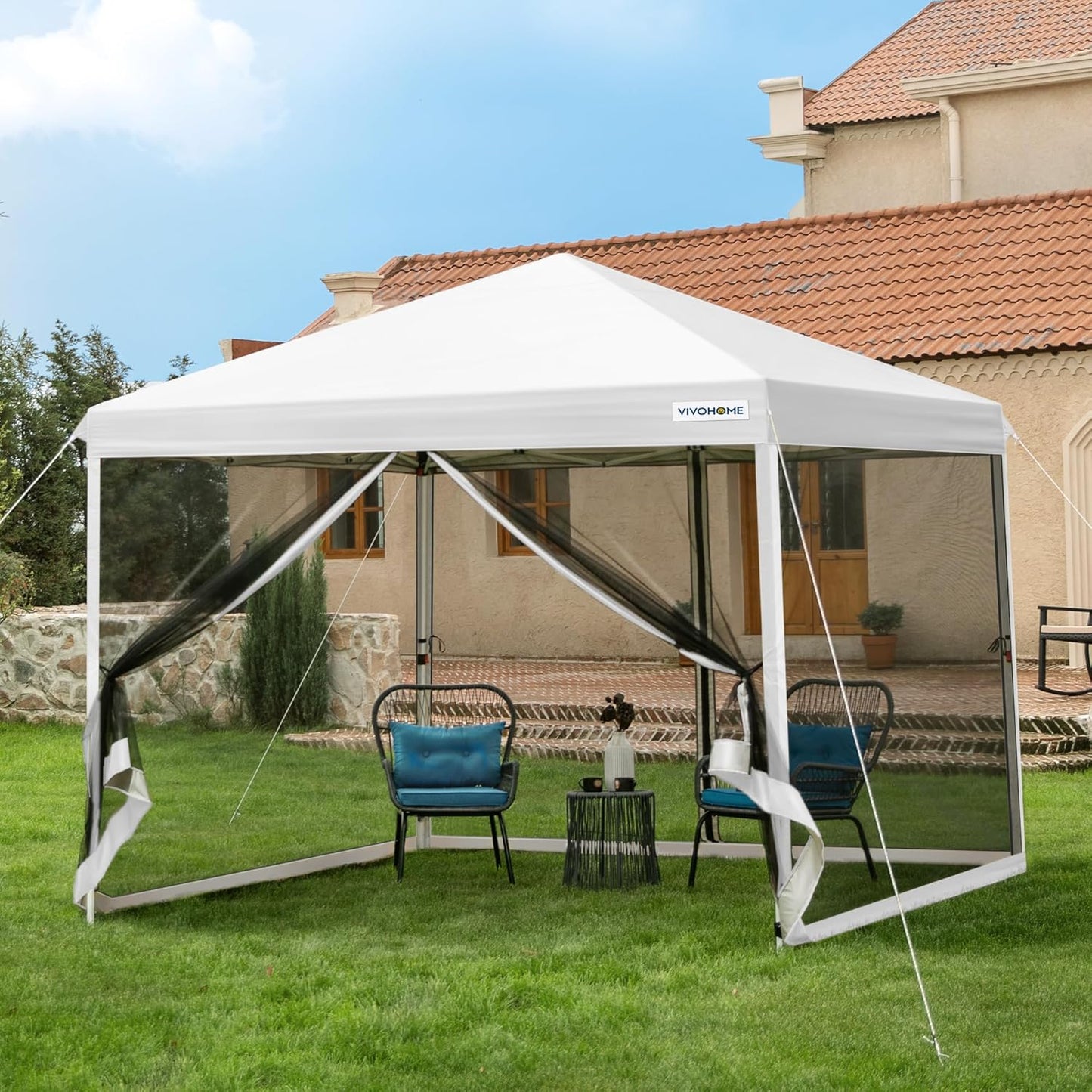 10x10ft Easy Pop-Up Canopy, Outdoor Screen Tent with Mosquito Netting, 2 Zipper Doors, and Roller Bag for Yard Camping Picnic Party Events, Beige