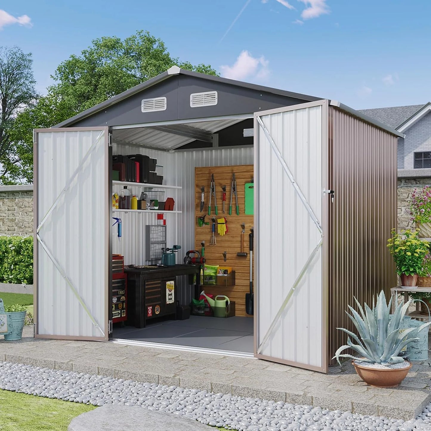 Aoxun 6.2x4 FT Shed Outdoor Storage Shed Metal Garden Shed with Lockable Doors & Slooping Roof Tool Shed Bike Shed for Backyard, Patio, Poolside (Brown)