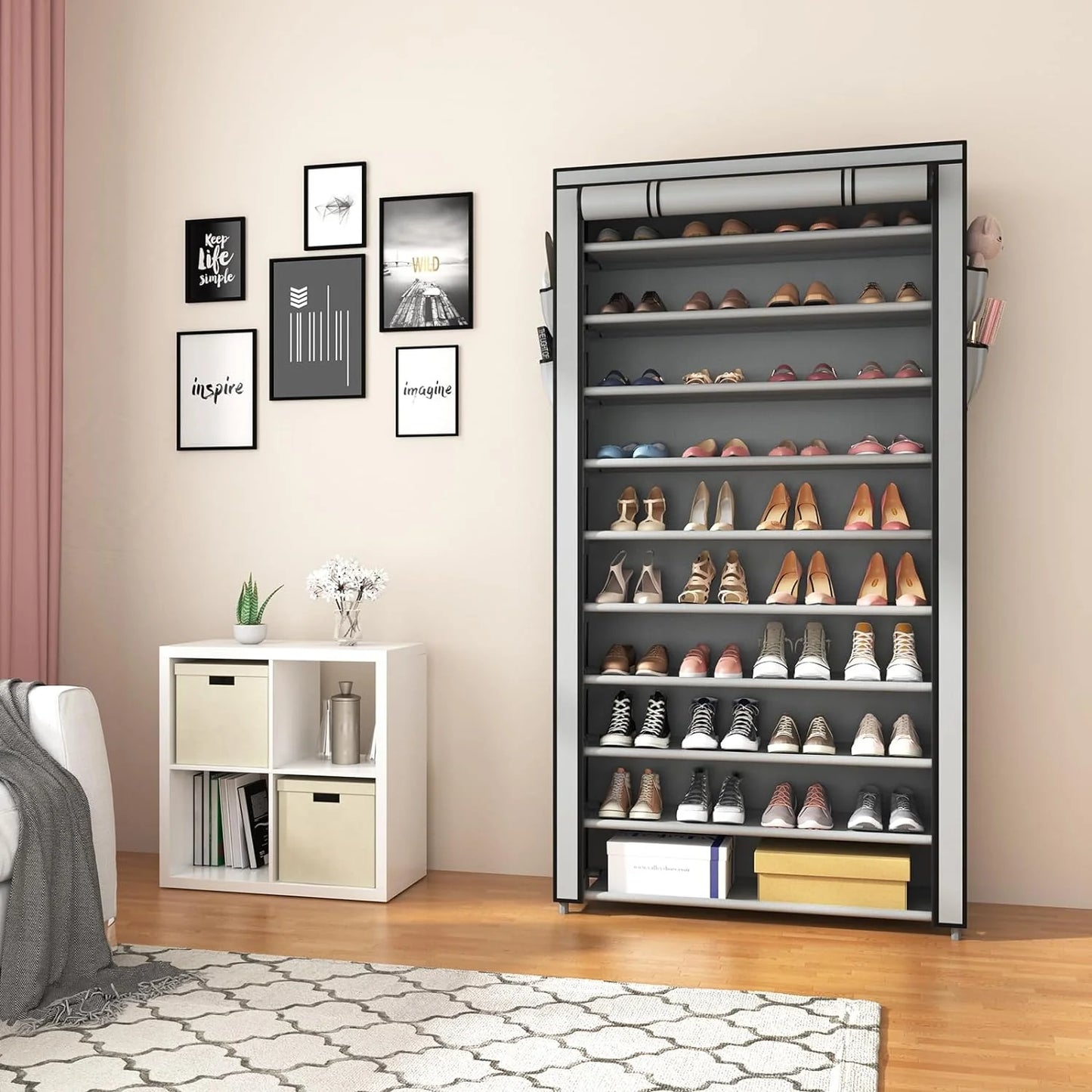 ROJASOP 10 Tier Shoe Rack with Covers,Large Capacity Stackable Tall Shoe Shelf Storage to 50-55 Pairs Shoes and Boots Sturdy Metal Free Standing Shoe Rack Organizer for Closet Entryway Garage