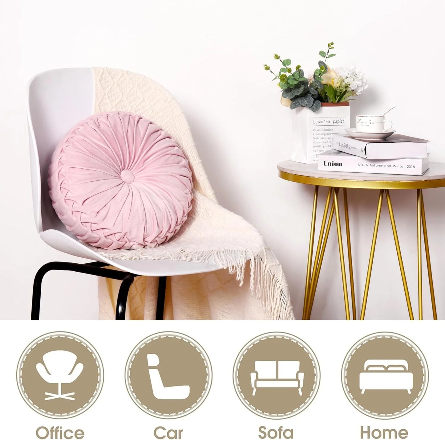 Set of 2 Decorative Round Pleated Throw Pillows