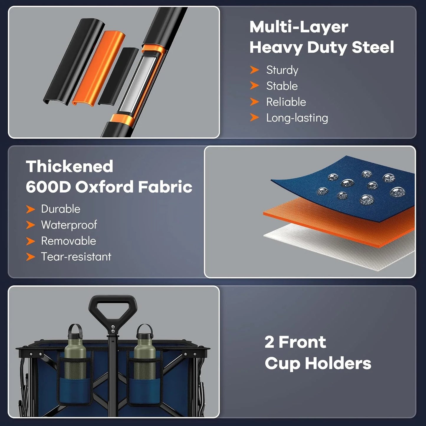 38" long foldable four-wheel stroller, foldable, 460 lb capacity, 220 liter heavy-duty folding beach stroller with large all-terrain tires