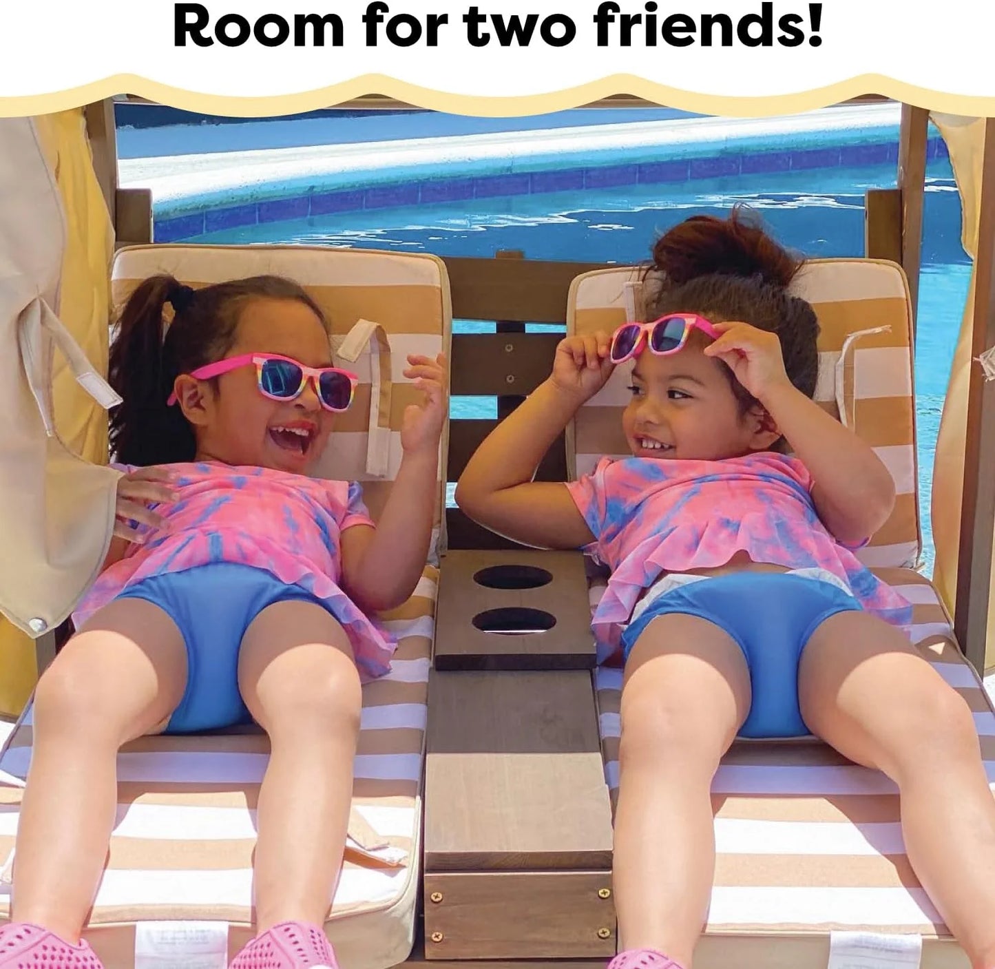 KidKraft Wooden Outdoor Double Chaise Lounge with Cup Holders, Kid's Patio Furniture, Honey with Navy and White Striped Fabric, Gift for Ages 3-8