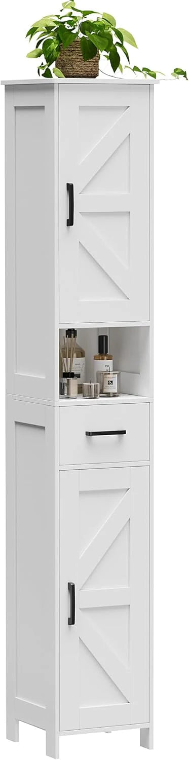 Homhedy 67" H Tall Bathroom Storage Cabinet with 2 Barn Doors and 1 Drawer, Narrow Storage Unit, Adjustable Shelves, Floor Cabinet for Bathroom, Living Room, Entryway, Kitchen, White, (15.7" W)