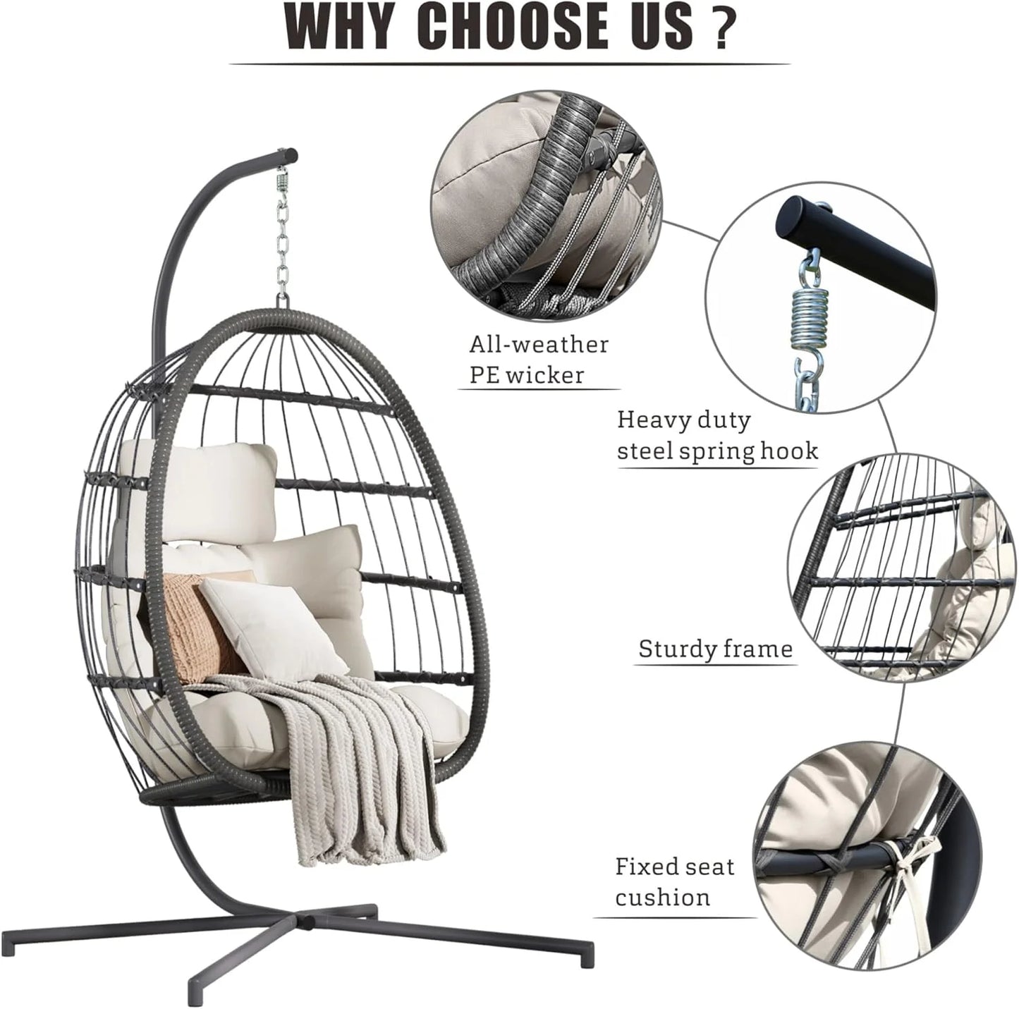 HWB Hanging Egg Chair with Stand, Patio Wicker Hammock Egg Swing Chair with Cushion for Bedroom Garden Indoor Outdoor (Beige)