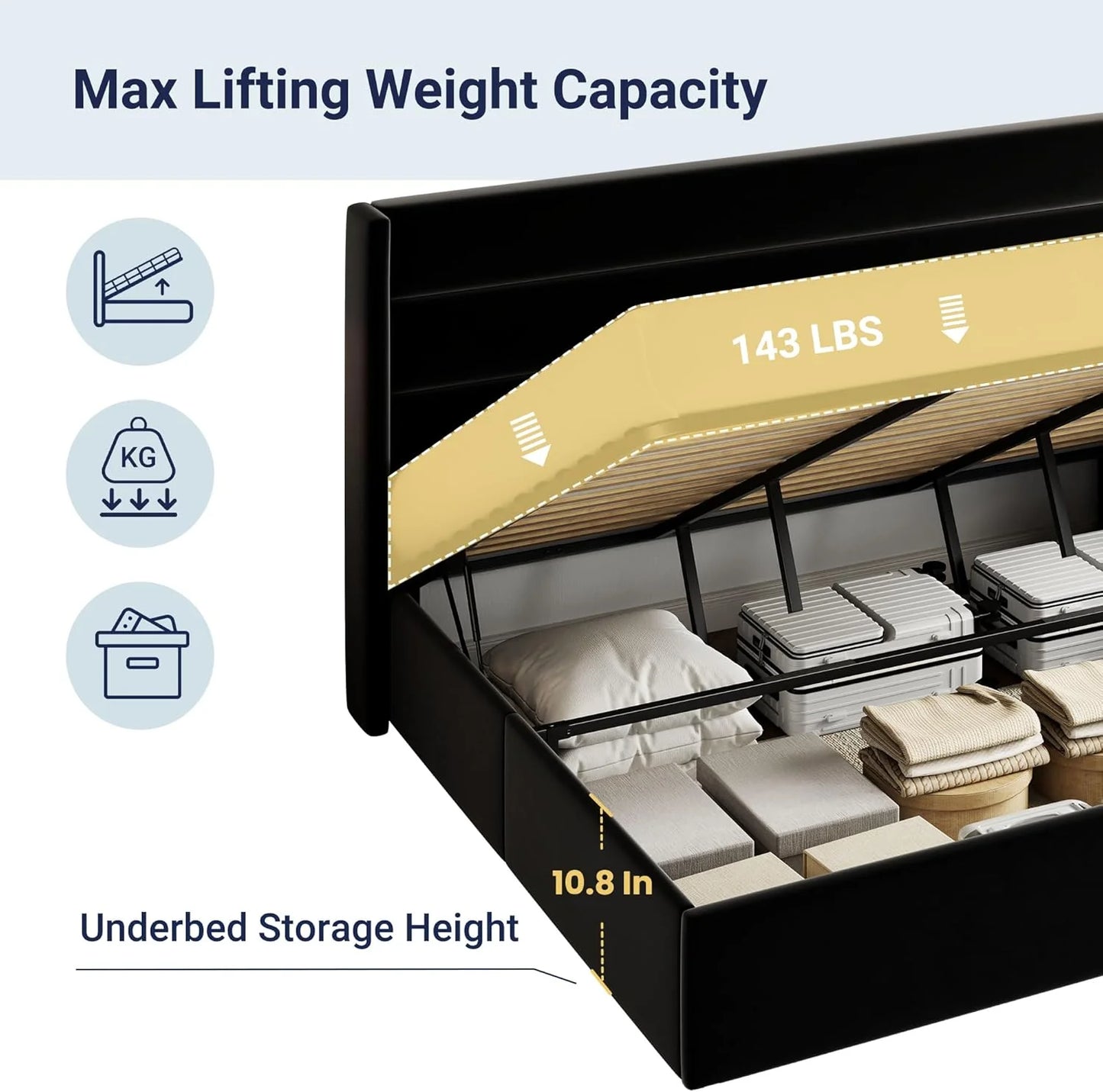 Allewie Queen Size Lift Up Storage Bed, Modern Wingback Headboard, Hydraulic Support, No Box Spring Needed, Light Beige