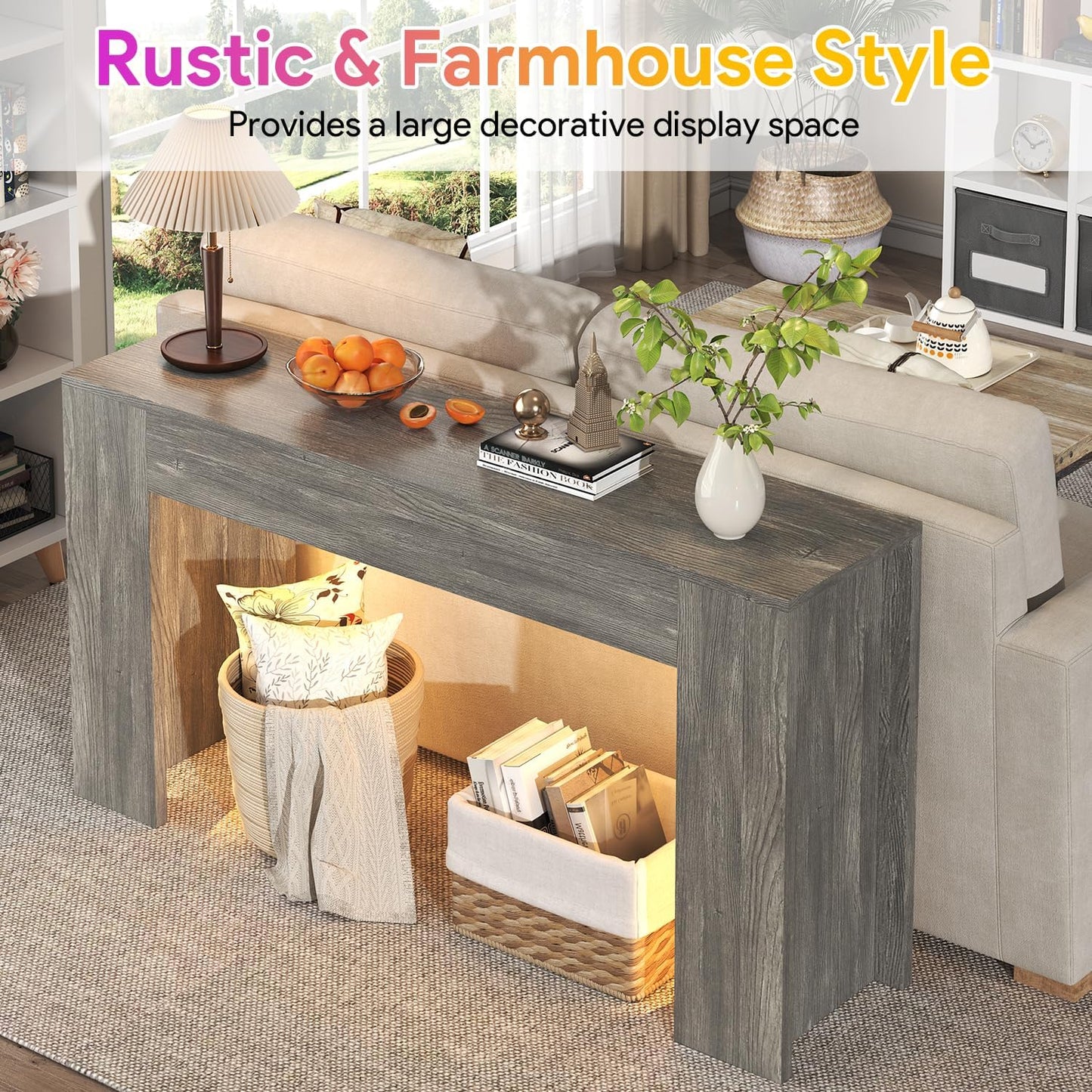 63-Inch Long Console Table with LED Light Farmhouse Sofa Table Behind Couch