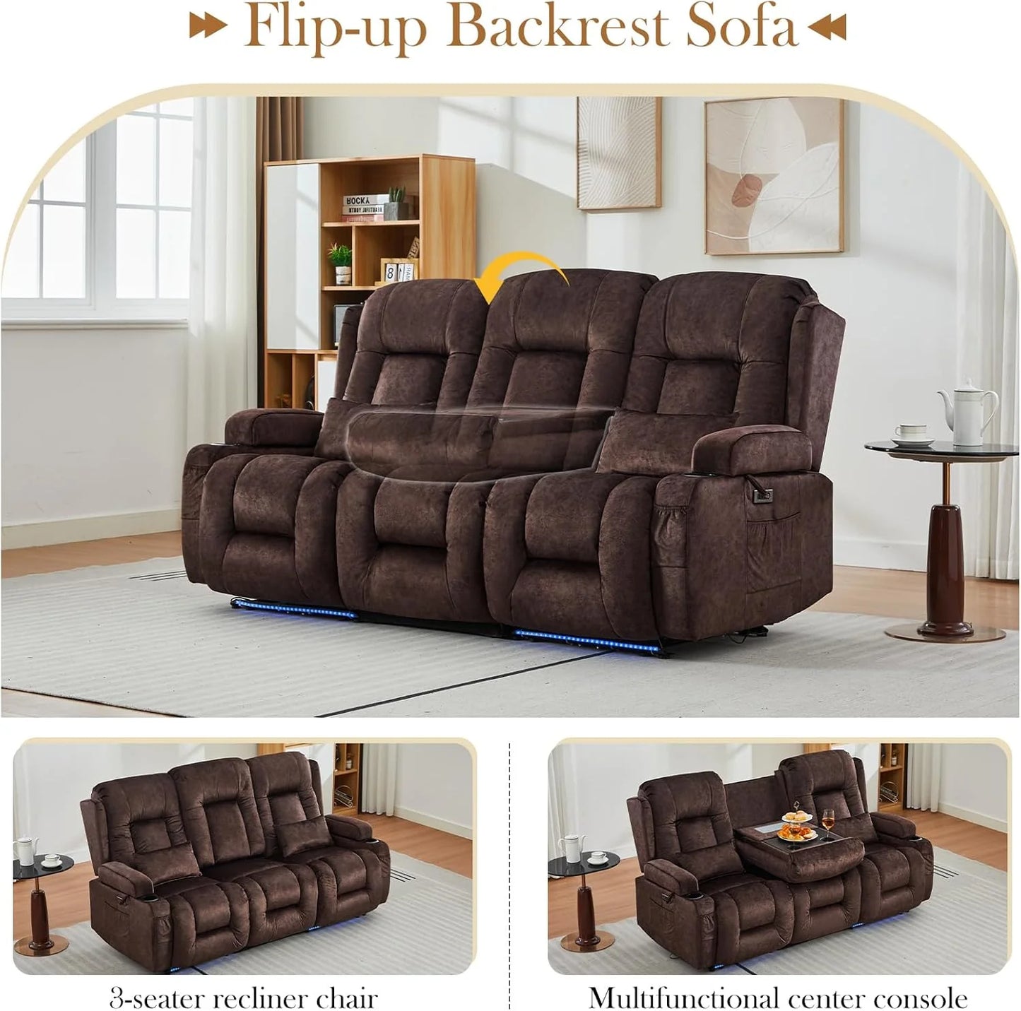 TUNYI Power Loveseat Recliner Sofa with Massage & Heat Home Theater Seating with Console Electric Recliner RV Sofa with USB/Outlet/Storage/Side Pocket/LED Light/Speaker (Brown, Loveseat)