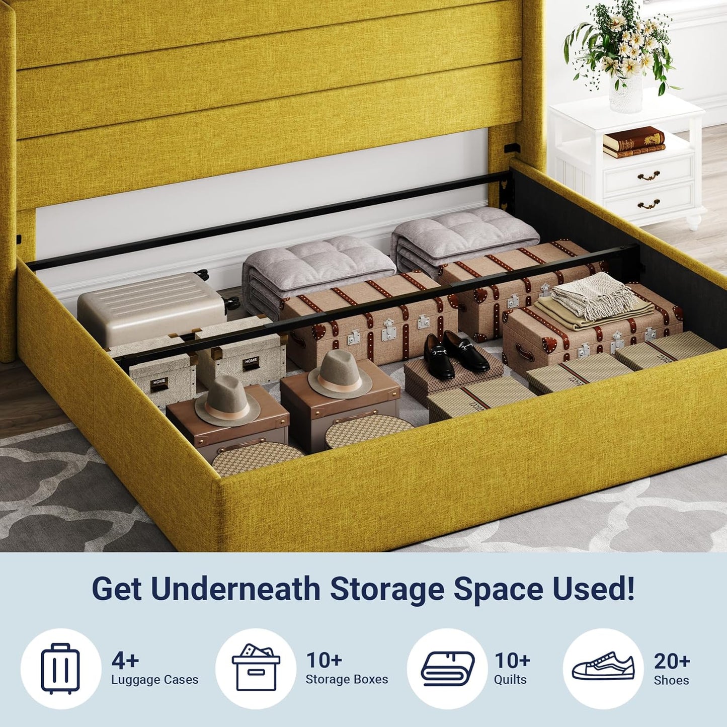 Allewie Queen Size Lift Up Storage Bed, Modern Wingback Headboard, Hydraulic Support, No Box Spring Needed, Light Beige