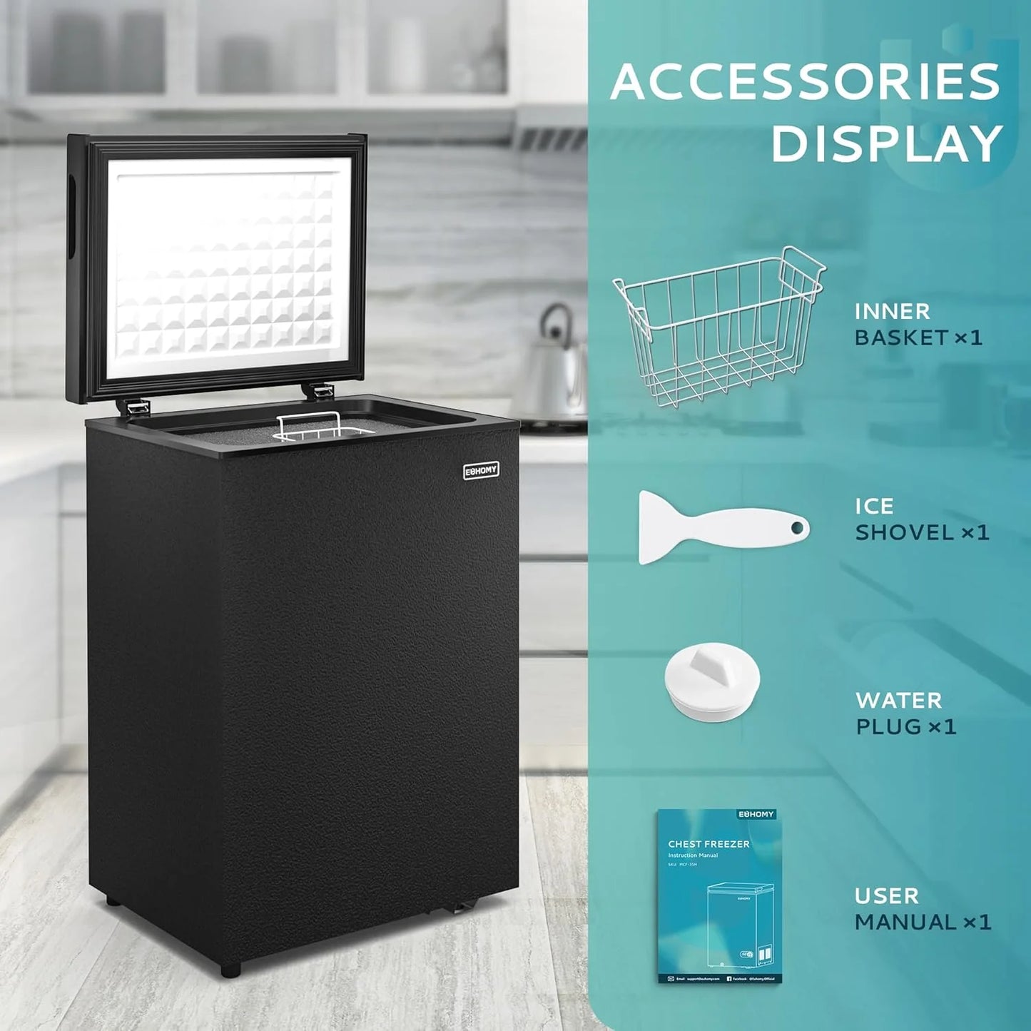 EUHOMY 3.5 Cu.Ft Chest Freezer with Removable Basket, Small Deep Freezer Adjustable 7 Thermostat, Quiet Mini Freezer Free-Standing Top Door, Energy Saving for Apartment/Garage/Basement/Dorm/Home,Black