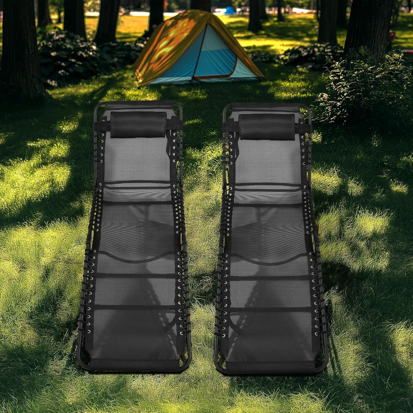 Unovivy Outdoor Chaise Lounge Chairs Set of 2, Portable Folding Pool Lounge Chair with 5-Position Reclining Back, Teslin Tanning Chair for Pool, Beach, Patio, Sunbathing