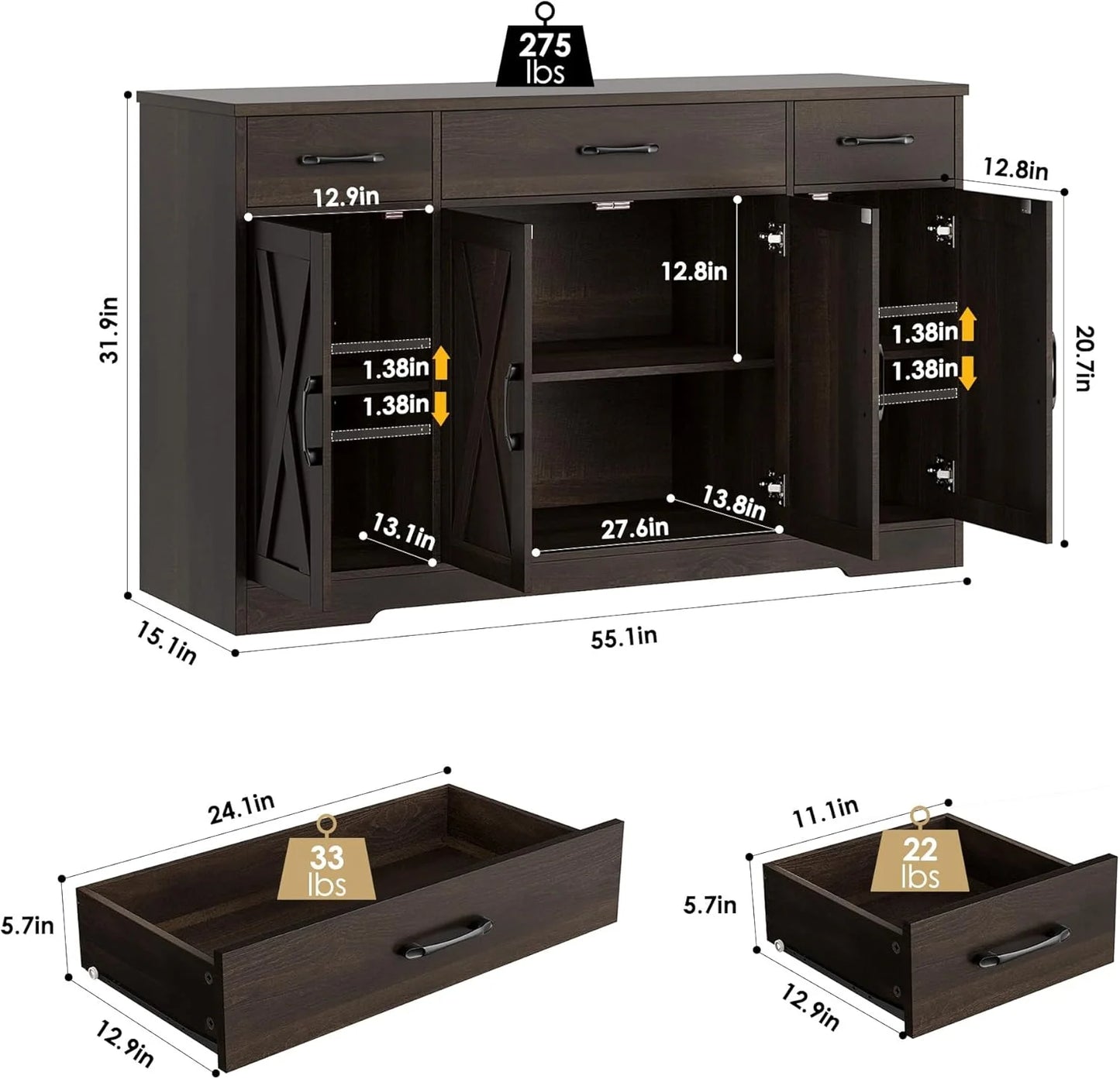 Sideboard with drawers, large 55-inch sideboard, sideboard storage with shelves and doors, modern farmhouse coffee bar wood kitchen dining table