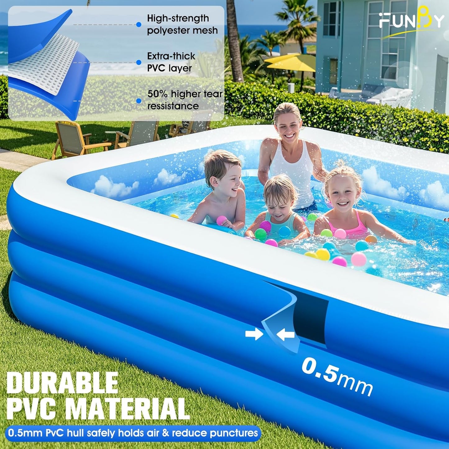 Inflatable Pool with Canopy,Upgraded Inflatable Swimming Pool for Kids,Adult,Large Inflatable Blow up Pools,Ocean Theme Oversized Thickened 105"x75"x25"Inflatable Family Pools for Backyard-Blue