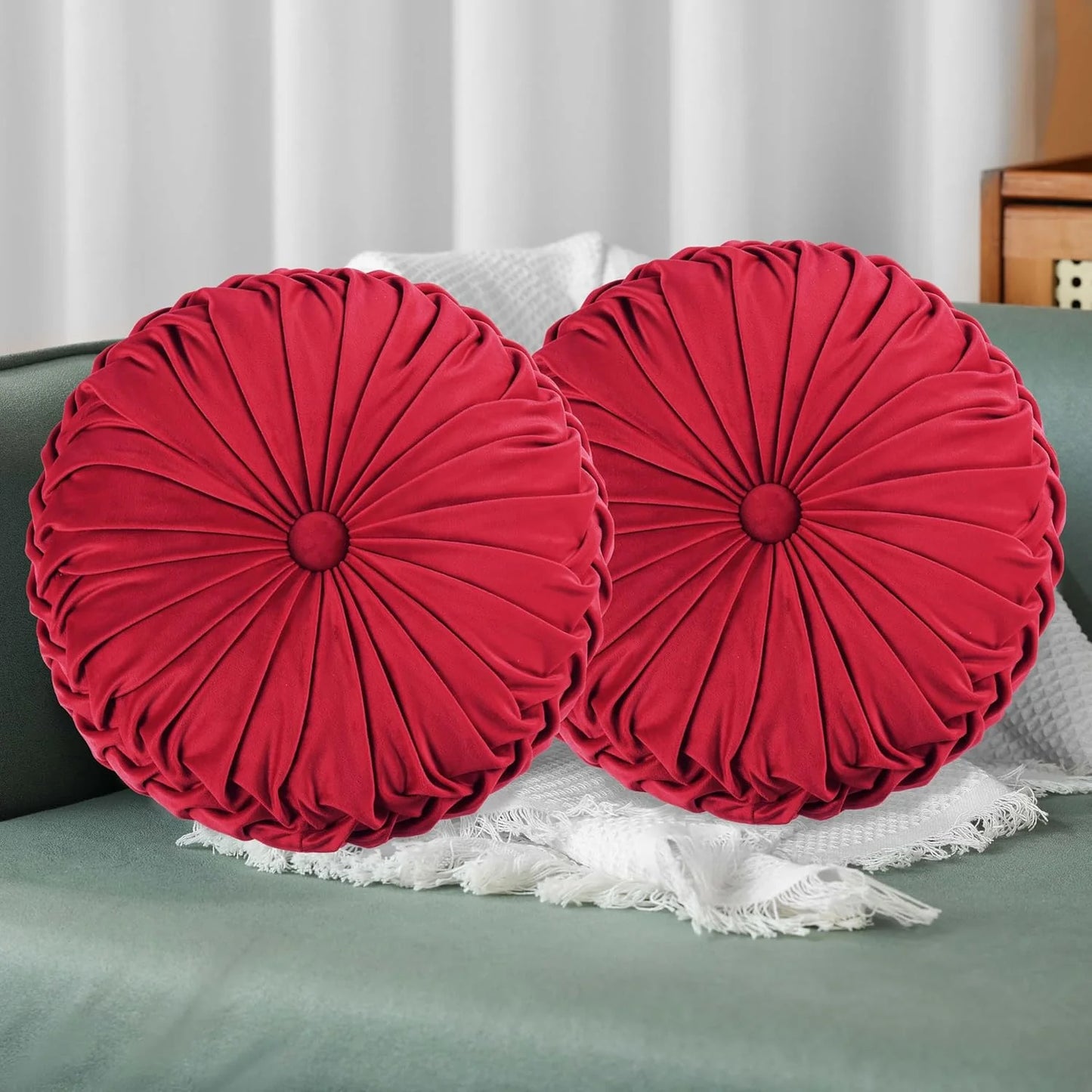 Set of 2 Decorative Round Pleated Throw Pillows
