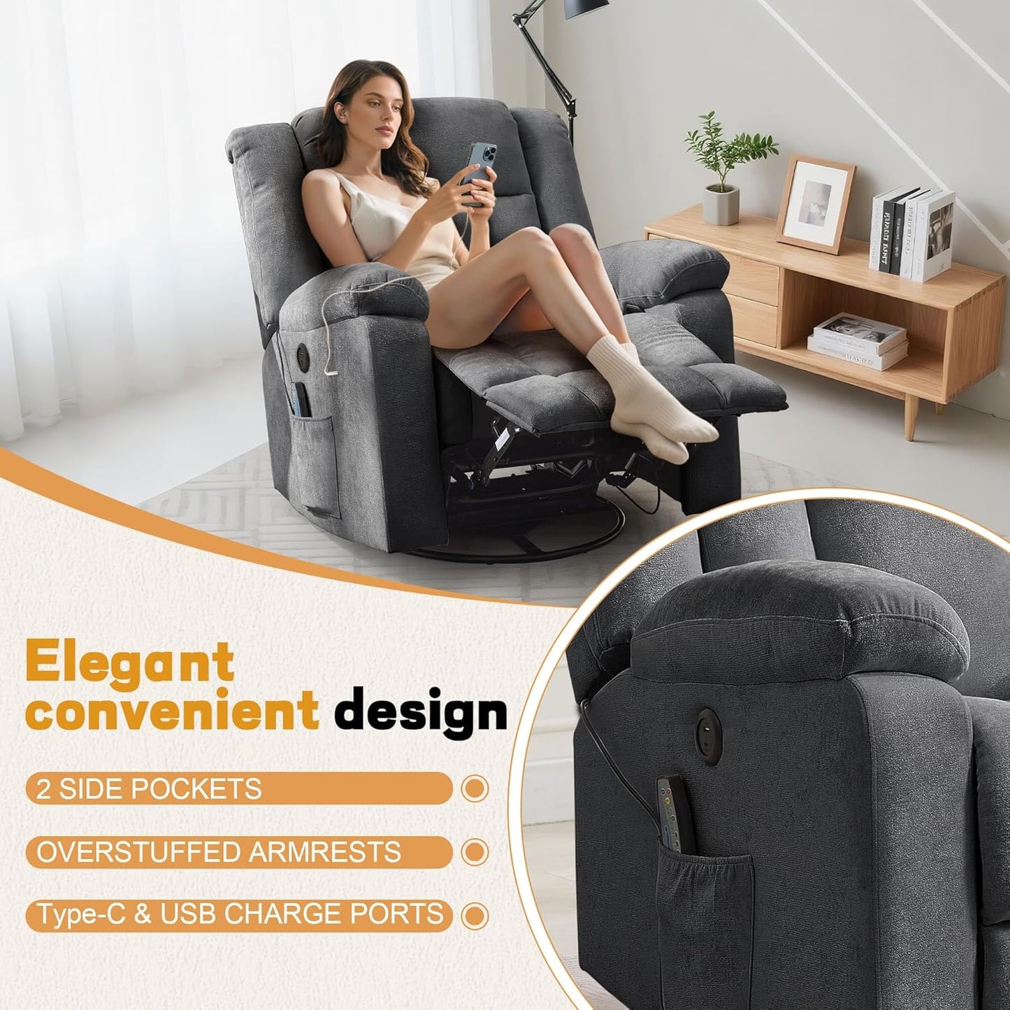 Adult rocking chair, gliding recliner, 360° rotating rocking chair with massage and heating function