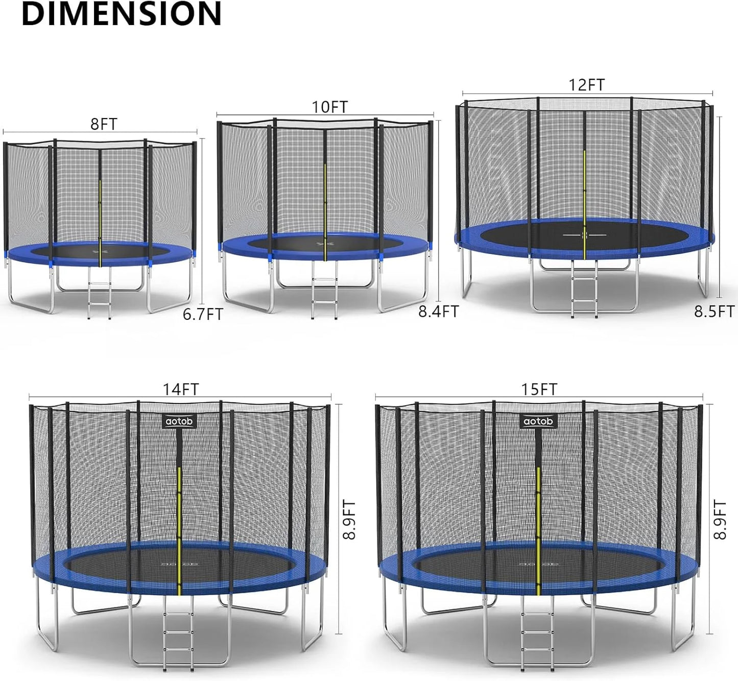 AOTOB 8FT 10FT 12FT 14 FT 15FT Trampoline with Safety Enclosure Net，Outdoor Trampoline with Basketball Hoop, Heavy Duty Jumping Mat and Spring Cover Padding for Kids and Adults, Storage Bag and Ladder