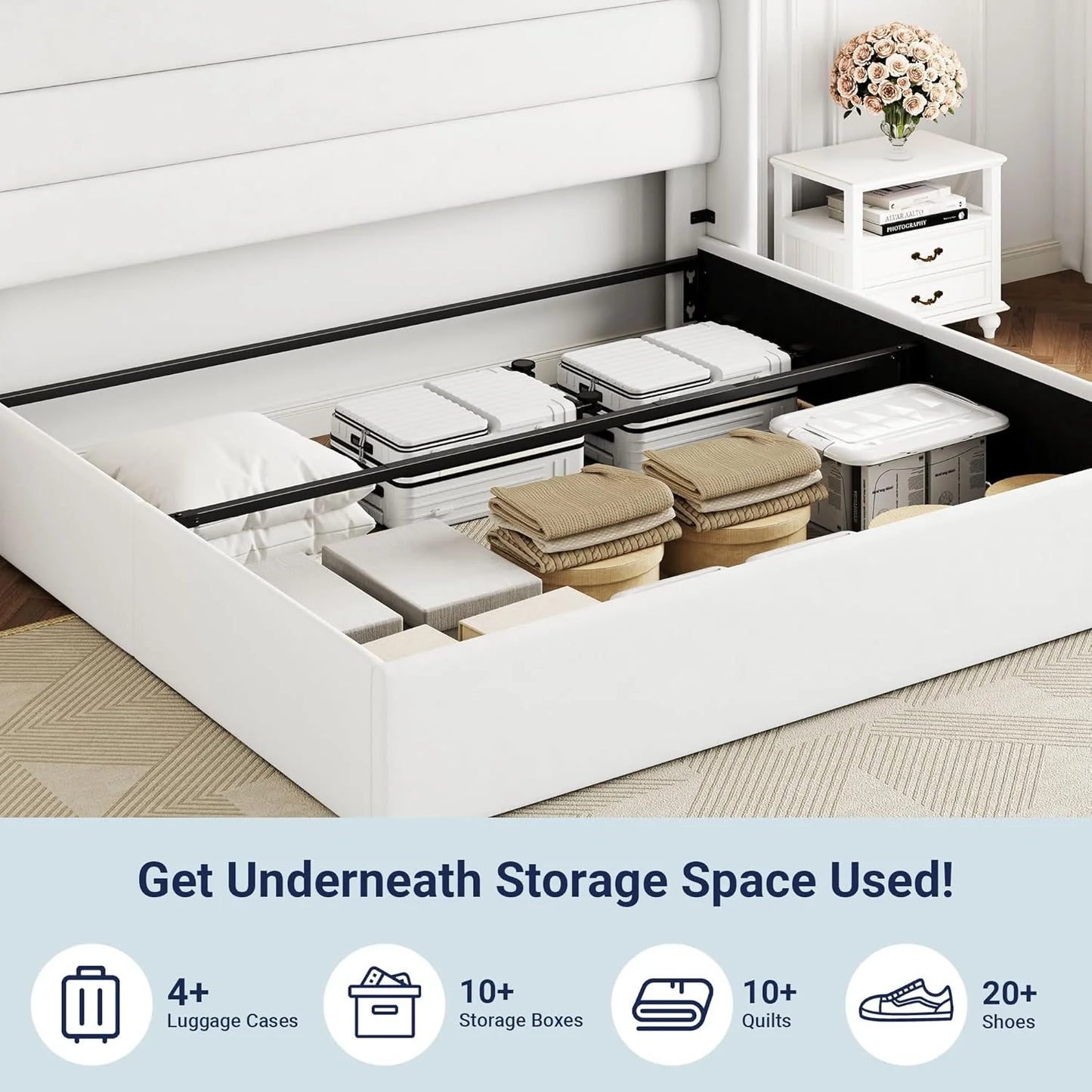 Allewie Queen Size Lift Up Storage Bed, Modern Wingback Headboard, Hydraulic Support, No Box Spring Needed, Light Beige