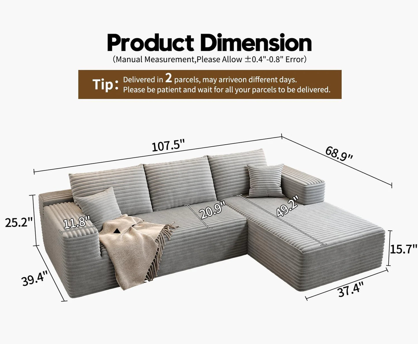 107.5" Cloud Modular Sectional Sofa Couch with L-Shape Chaise,Modern Minimalist Upholstered Couches