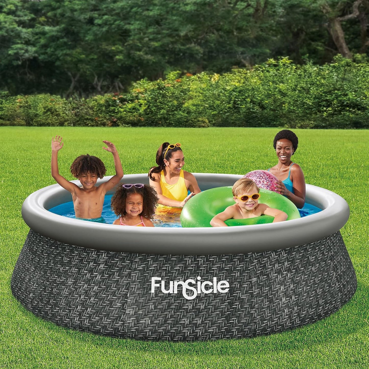 Funsicle 12 Foot by 36 Inch Quickset Round Inflatable Ring Top Outdoor Above Ground Swimming Pool Set with Pump and Cartridge Filter, Dark Herringbone