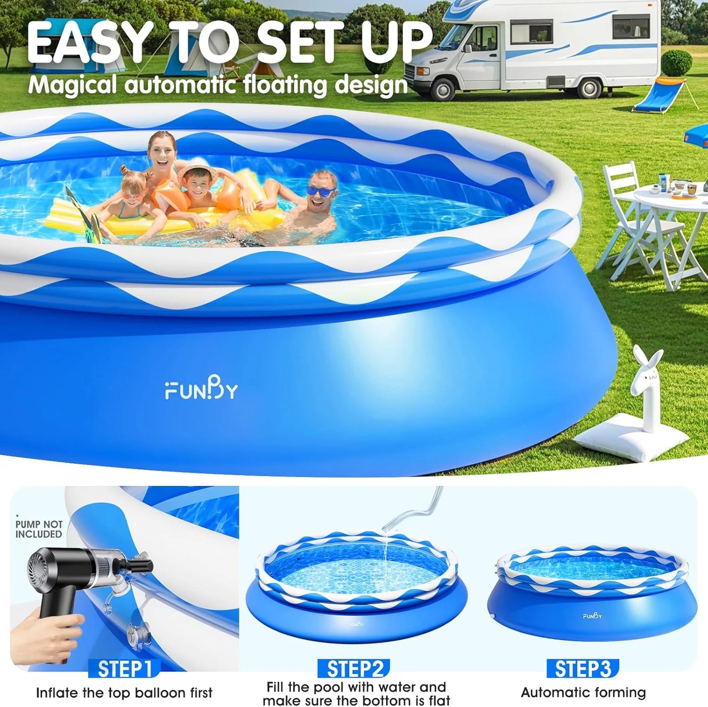 Upgraded Double Rings Inflatable Above Ground Pool Easy Set,Inflatable Swimming Pool for Adults,Inflatable Top Rings Above Ground Swimming Pool,Water Ripple Print,500 Gal Capacity (8ftx26in)