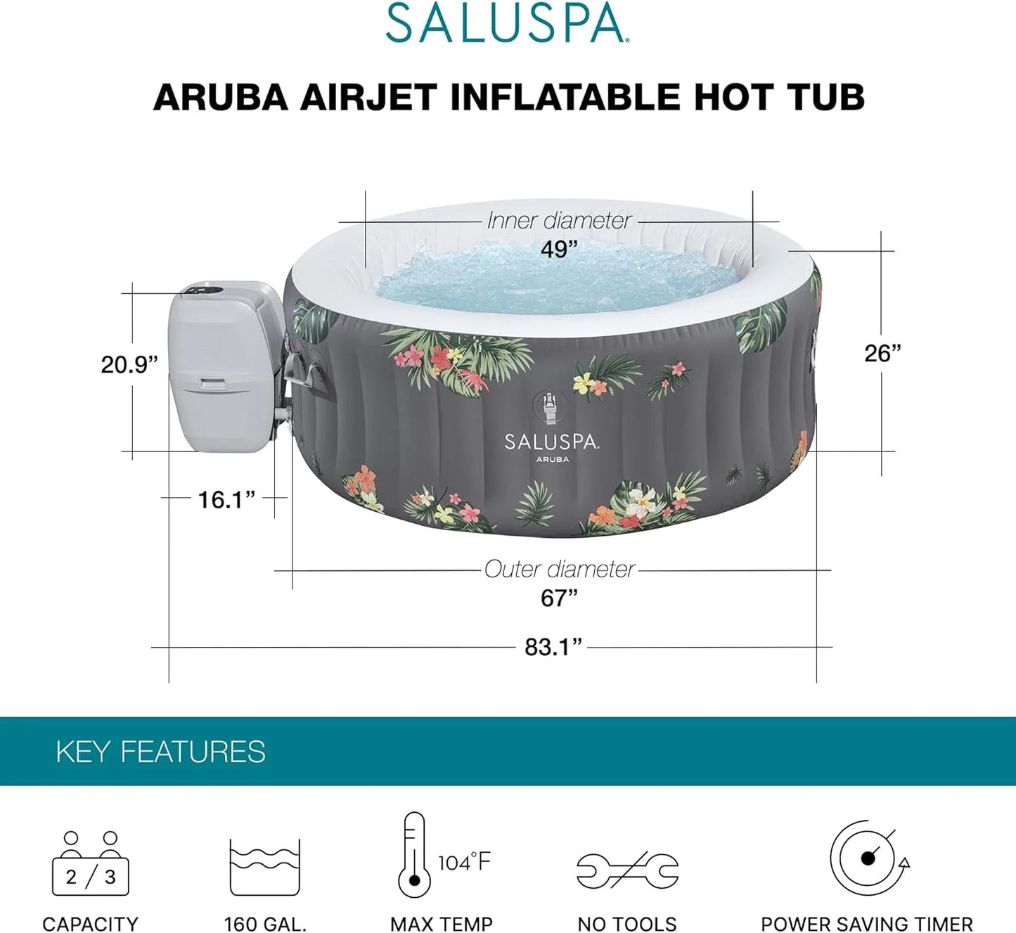 SaluSpa Aruba AirJet Large Round 2 to 3 Person Inflatable Hot Tub Portable Outdoor Spa with 110 AirJets and EnergySense Cover, Grey