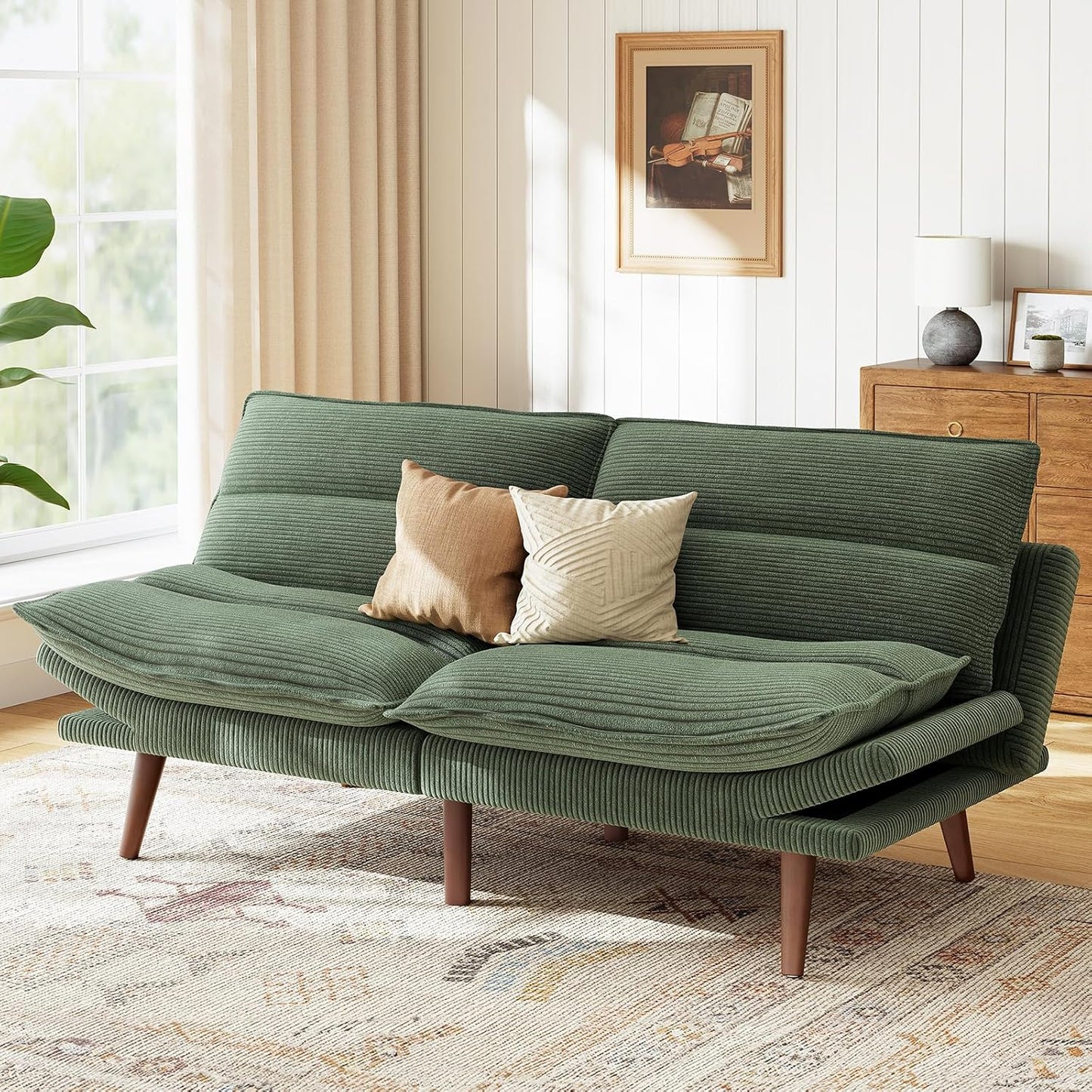 Futon Sofa Bed, Futon Sofa with Adjustable Back and Armrests, Converts to Small Sleeper Sofa Bed Corduroy Loveseat Green