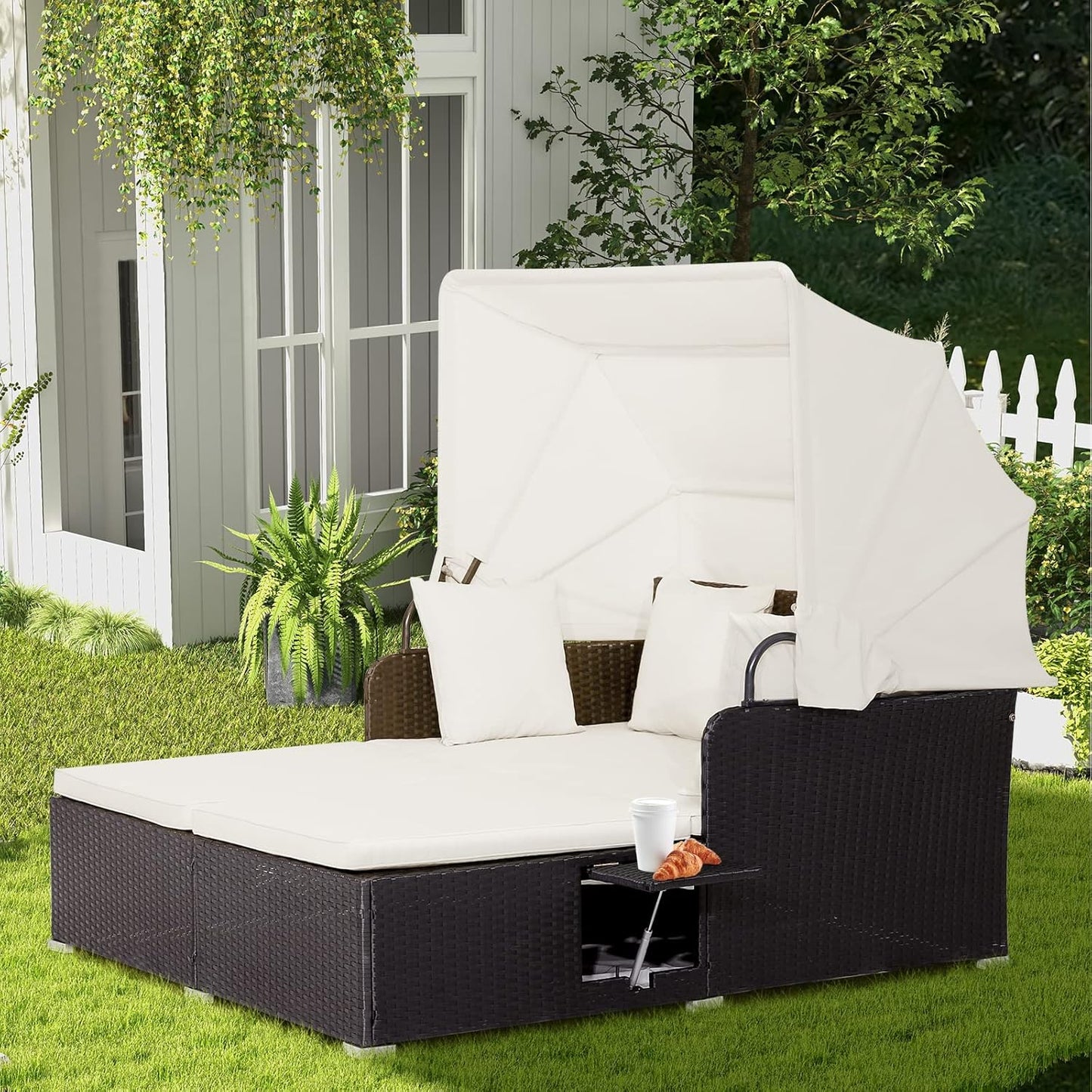 RELAX4LIFE Patio Outdoor Daybed with Canopy, Wicker Sunbed w/Cushions, 4 Pillows & 2 Retractable Side Trays, 2-Person Lounge Bed Conversation for Poolside Porch Garden, Rattan Outdoor Bed (Turquoise)