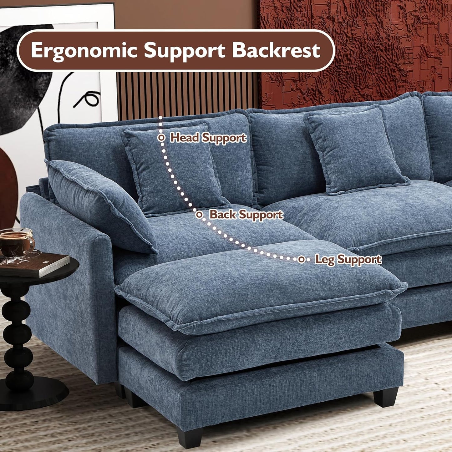 111.4 Inch L-Shaped Modern Sofa Modular Cloud Sofa with Ottoman, 4-Seater Chenille Deep Seat Sofa with Pillows for Living Room, Bedroom and Apartment, Beige