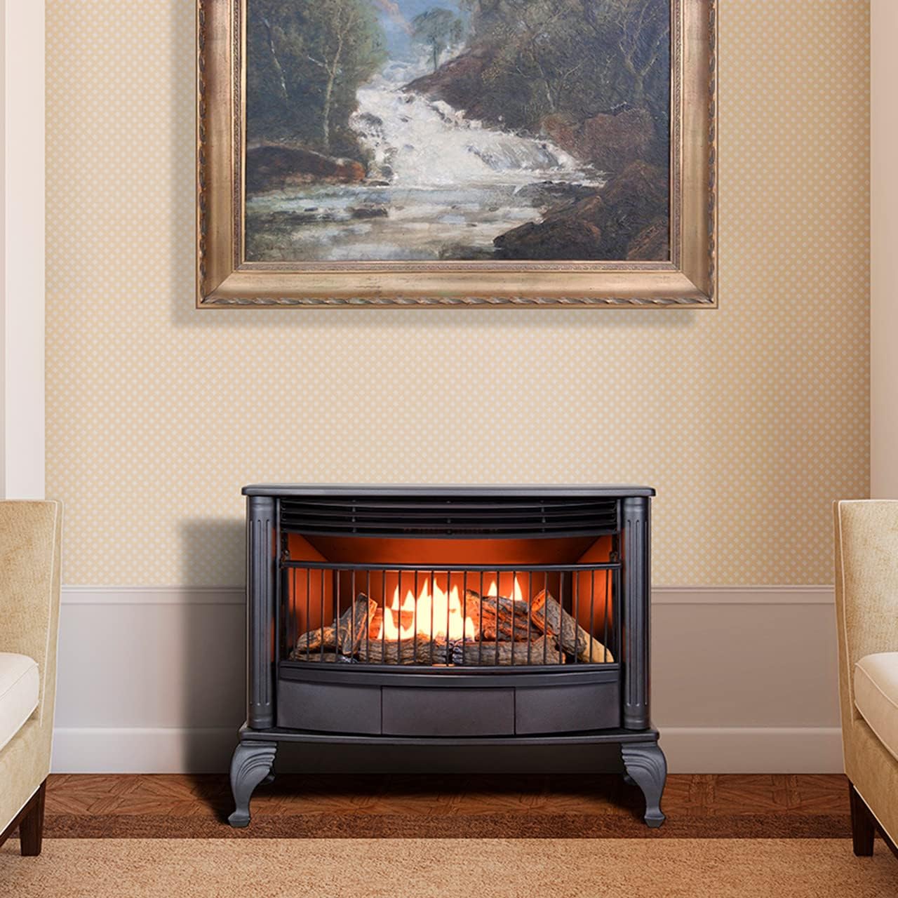 Vent-free 25,000 BTU space-saving freestanding dual-fuel fireplace with built-in thermostat control