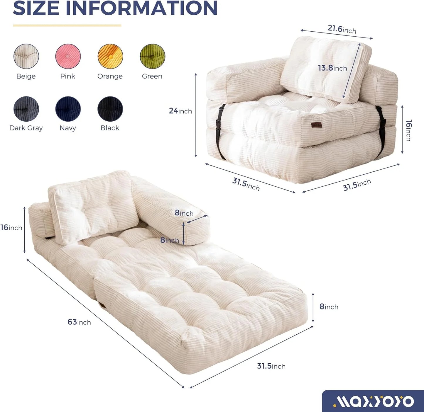 Folding Sofa Bed, L-Shaped Convertible Sofa Bed with Armrests and Pillows,