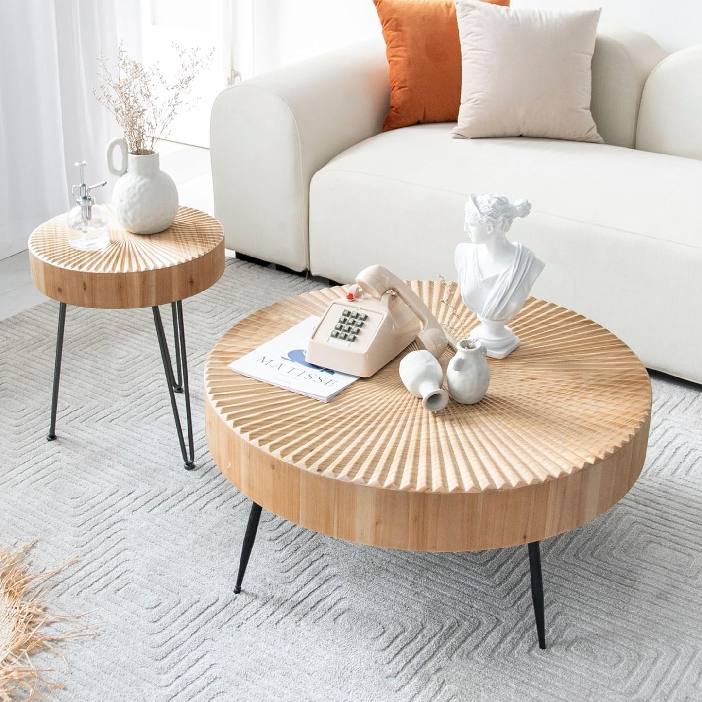 Two-Piece Modern Farmhouse Living Room Coffee Table Set, Round Nesting Tables